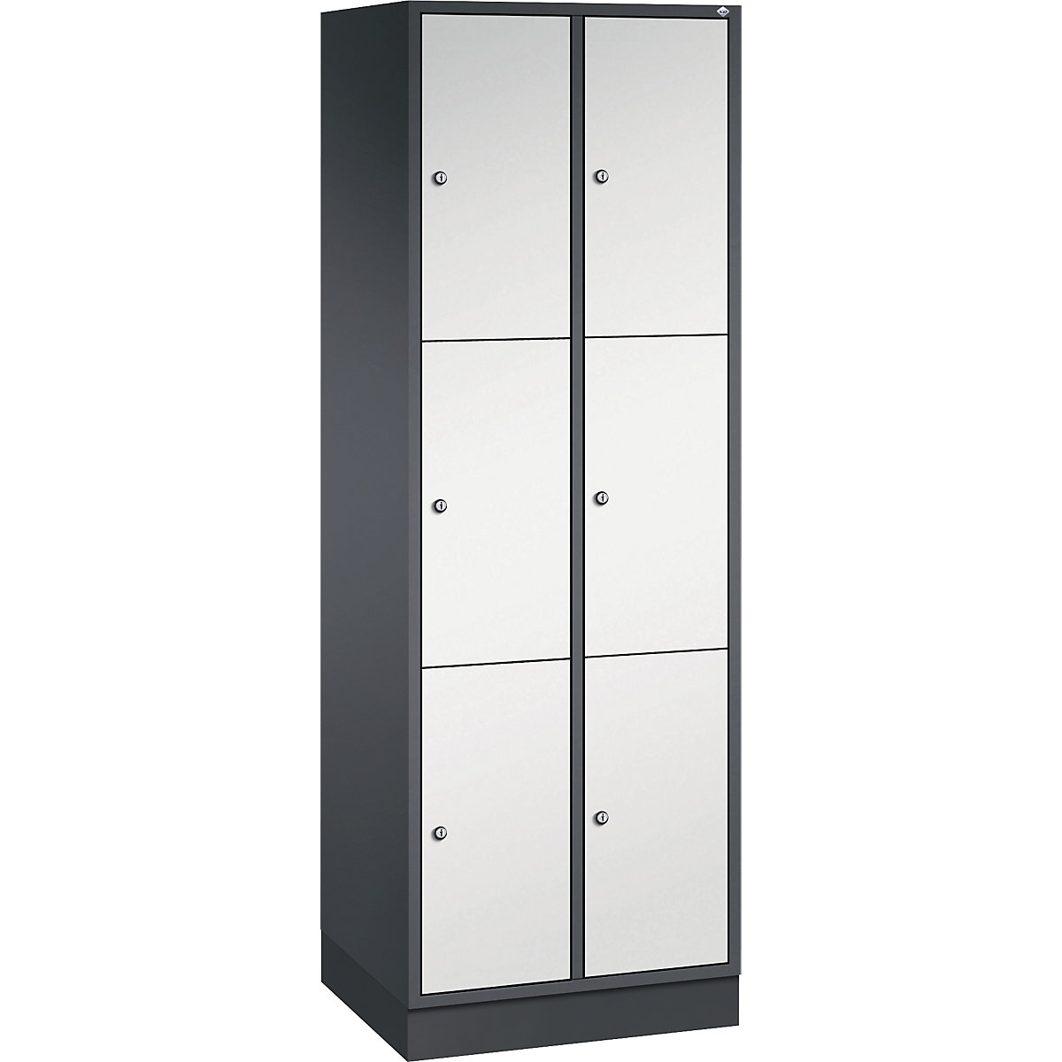 Dulap din oțel cu compartimente cu încuietoare INTRO, înălțime compartiment 580 mm – C+P, lăț. x ad. 620 x 500 mm, 6 compartimente, corp gri negru, uși gri deschis