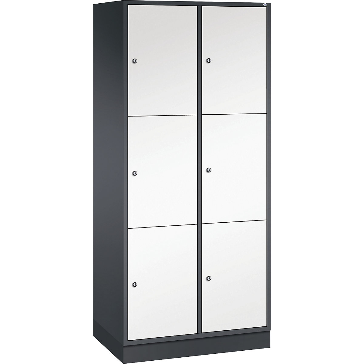 Dulap din oțel cu compartimente cu încuietoare INTRO, înălțime compartiment 580 mm – C+P, lăț. x ad. 820 x 500 mm, 6 compartimente, corp gri negru, uși alb pur