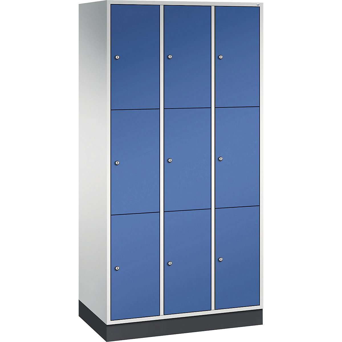 Dulap din oțel cu compartimente cu încuietoare INTRO, înălțime compartiment 580 mm – C+P, lăț. x ad. 920 x 500 mm, 9 compartimente, corp gri deschis, uși albastru gențiană