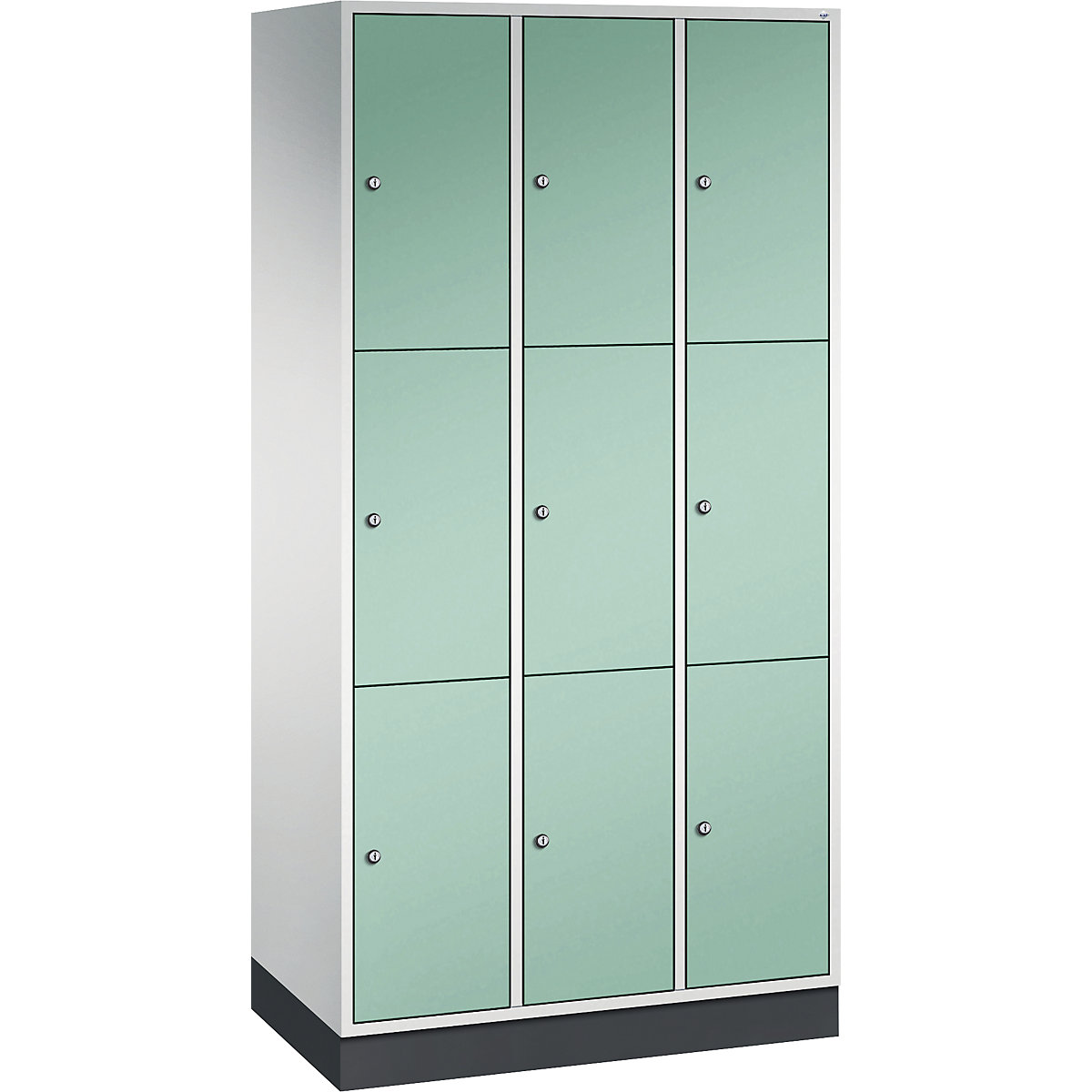 Dulap din oțel cu compartimente cu încuietoare INTRO, înălțime compartiment 580 mm – C+P, lăț. x ad. 920 x 500 mm, 9 compartimente, corp gri deschis, uși verde deschis