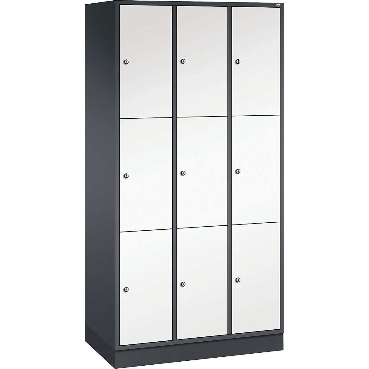 Dulap din oțel cu compartimente cu încuietoare INTRO, înălțime compartiment 580 mm – C+P, lăț. x ad. 920 x 500 mm, 9 compartimente, corp gri negru, uși alb pur