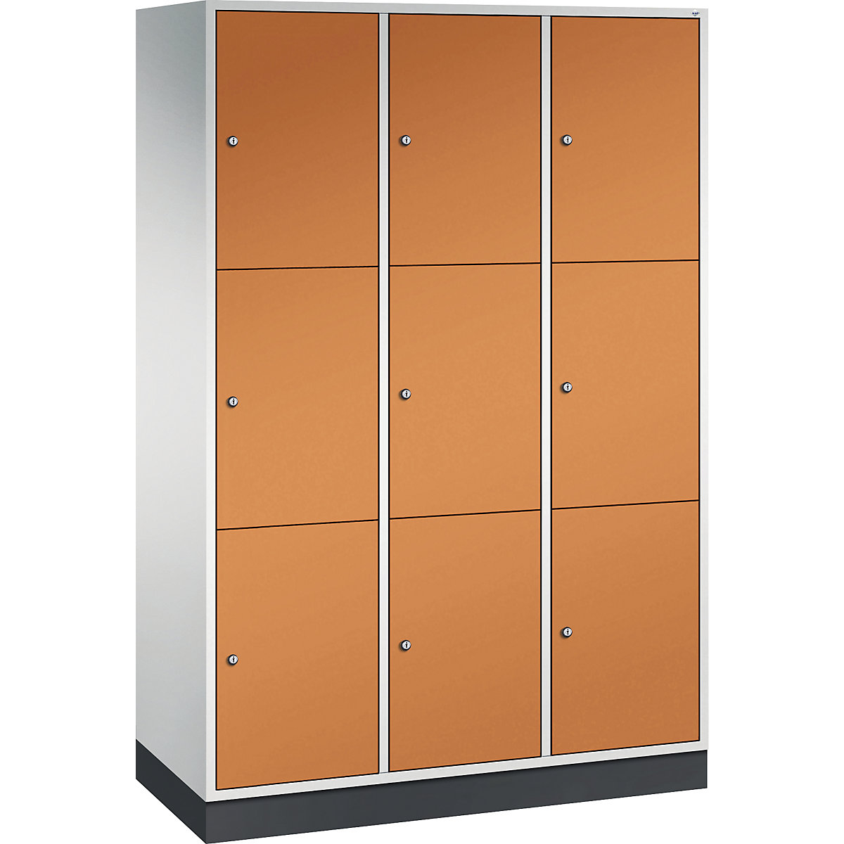 Dulap din oțel cu compartimente cu încuietoare INTRO, înălțime compartiment 580 mm – C+P, lăț. x ad. 1220 x 500 mm, 9 compartimente, corp gri deschis, uși galben-portocaliu