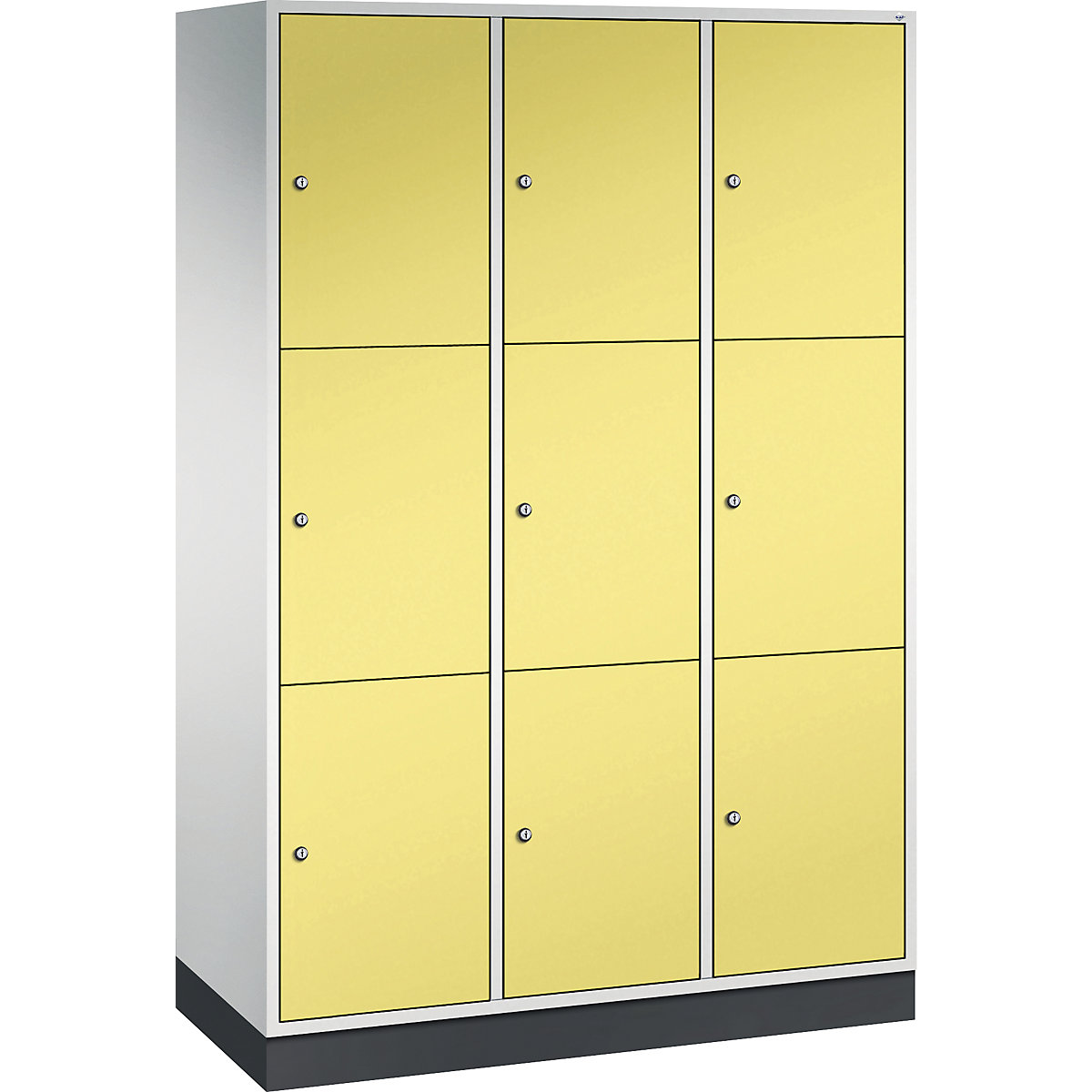 Dulap din oțel cu compartimente cu încuietoare INTRO, înălțime compartiment 580 mm – C+P, lăț. x ad. 1220 x 500 mm, 9 compartimente, corp gri deschis, uși galben sulf