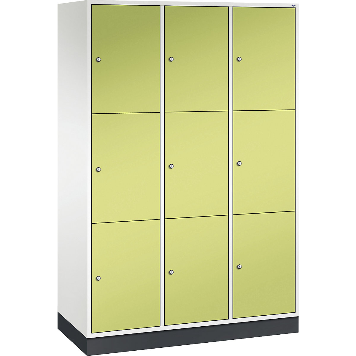 Dulap din oțel cu compartimente cu încuietoare INTRO, înălțime compartiment 580 mm – C+P, lăț. x ad. 1220 x 500 mm, 9 compartimente, corp alb pur, uși verde viridin