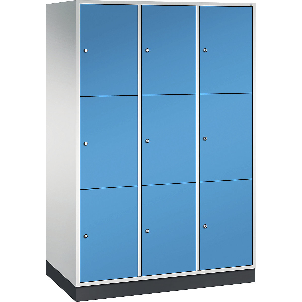 Dulap din oțel cu compartimente cu încuietoare INTRO, înălțime compartiment 580 mm – C+P, lăț. x ad. 1220 x 600 mm, 9 compartimente, corp gri deschis, uși albastru deschis