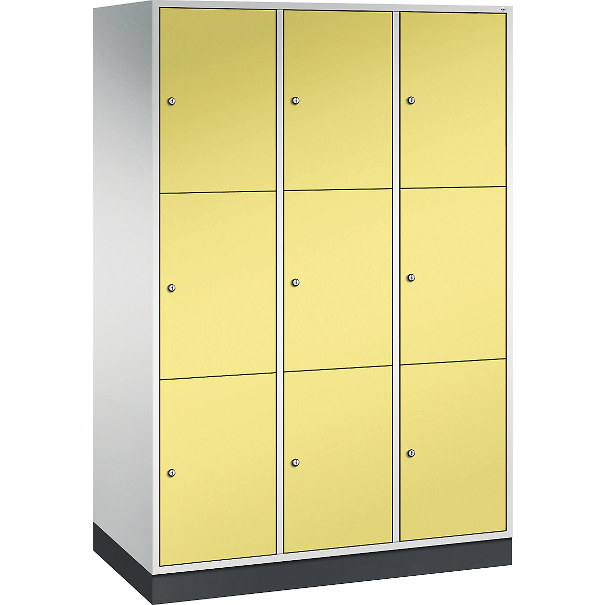 Dulap din oțel cu compartimente cu încuietoare INTRO, înălțime compartiment 580 mm – C+P, lăț. x ad. 1220 x 600 mm, 9 compartimente, corp gri deschis, uși galben sulf