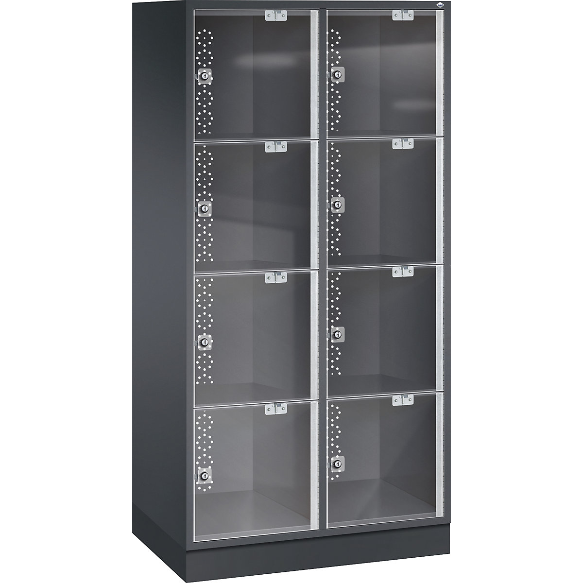 Dulap din oțel cu compartimente cu încuietoare INTRO, cu ușă din sticlă acrilică – C+P, î. x lăț. x ad. 1750 x 820 x 500 mm, înălțime compartiment 380 mm, 8 compartimente, corp gri negru