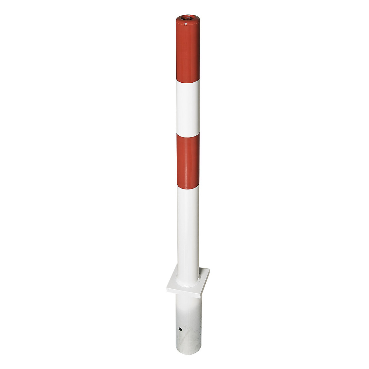 Stâlp de blocare din țeavă tubulară de oțel, roșu / alb, pentru betonare, Ø 76 mm, cu broască triunghiulară