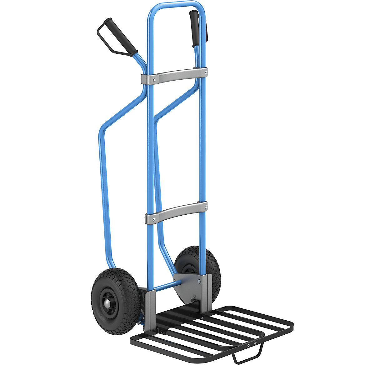 Carro para sacos com patins, azul – eurokraft pro, LxP da pá para pacotes 430 x 450 mm, preto, com pega, pneumáticos-3