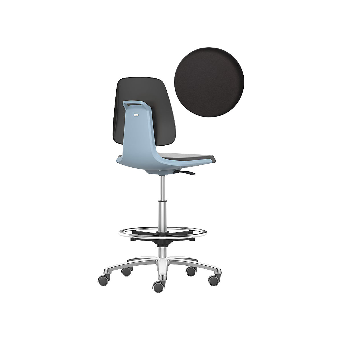 bimos Arbeitsdrehstuhl LABSIT, Hochstuhl mit Sitz-Stopp-Rollen und Fußring, Sitz mit Kunstlederbezug, blau