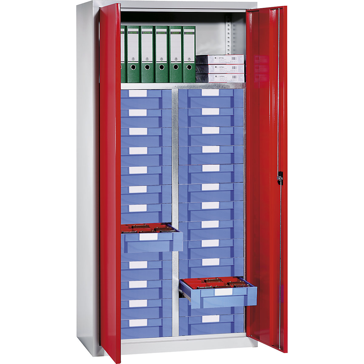 Armário de material e gavetas – eurokraft pro, 1 prateleira, 26 gavetas, cinzento claro RAL 7035 / vermelho trânsito RAL 3020-8