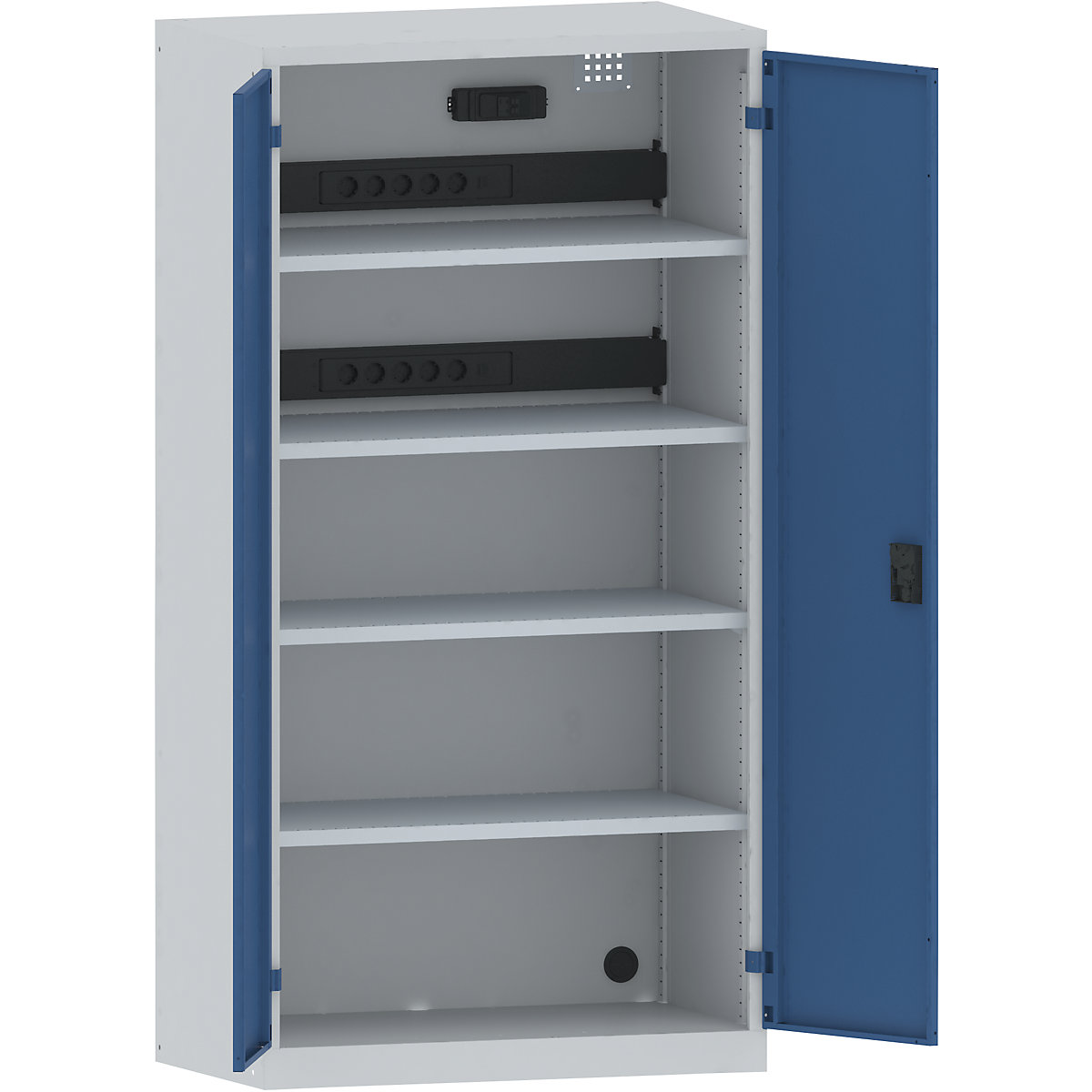 Armário de carregamento – LISTA, 4 prateleiras, portas em chapa maciça, 2 réguas de tomadas na parte traseira com interruptor FI/LS, cinzento/azul-8