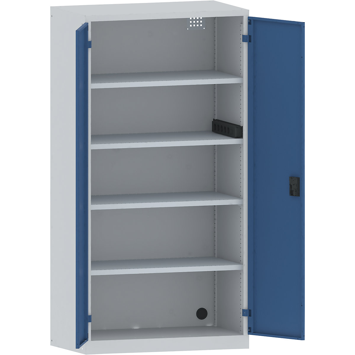 Armário de carregamento – LISTA, 4 prateleiras, portas em chapa maciça, régua de tomadas lateral, cinzento/azul-7