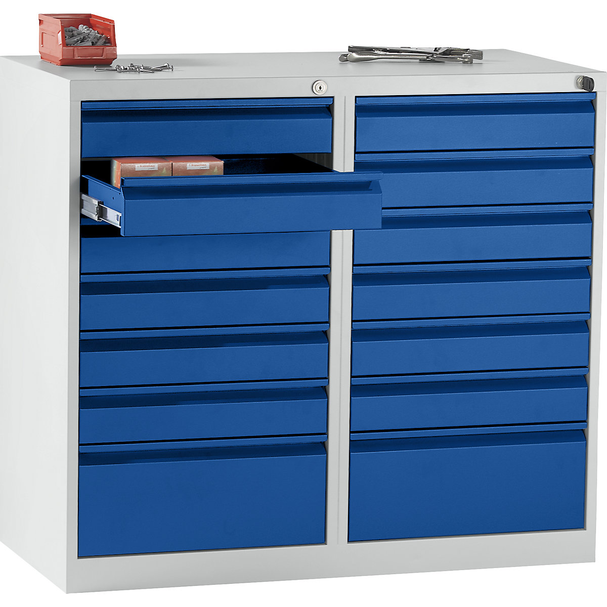 Armário de gavetas, aço – eurokraft basic, AxLxP 900 x 1000 x 500 mm, 14 gavetas, gavetas em azul genciana-9