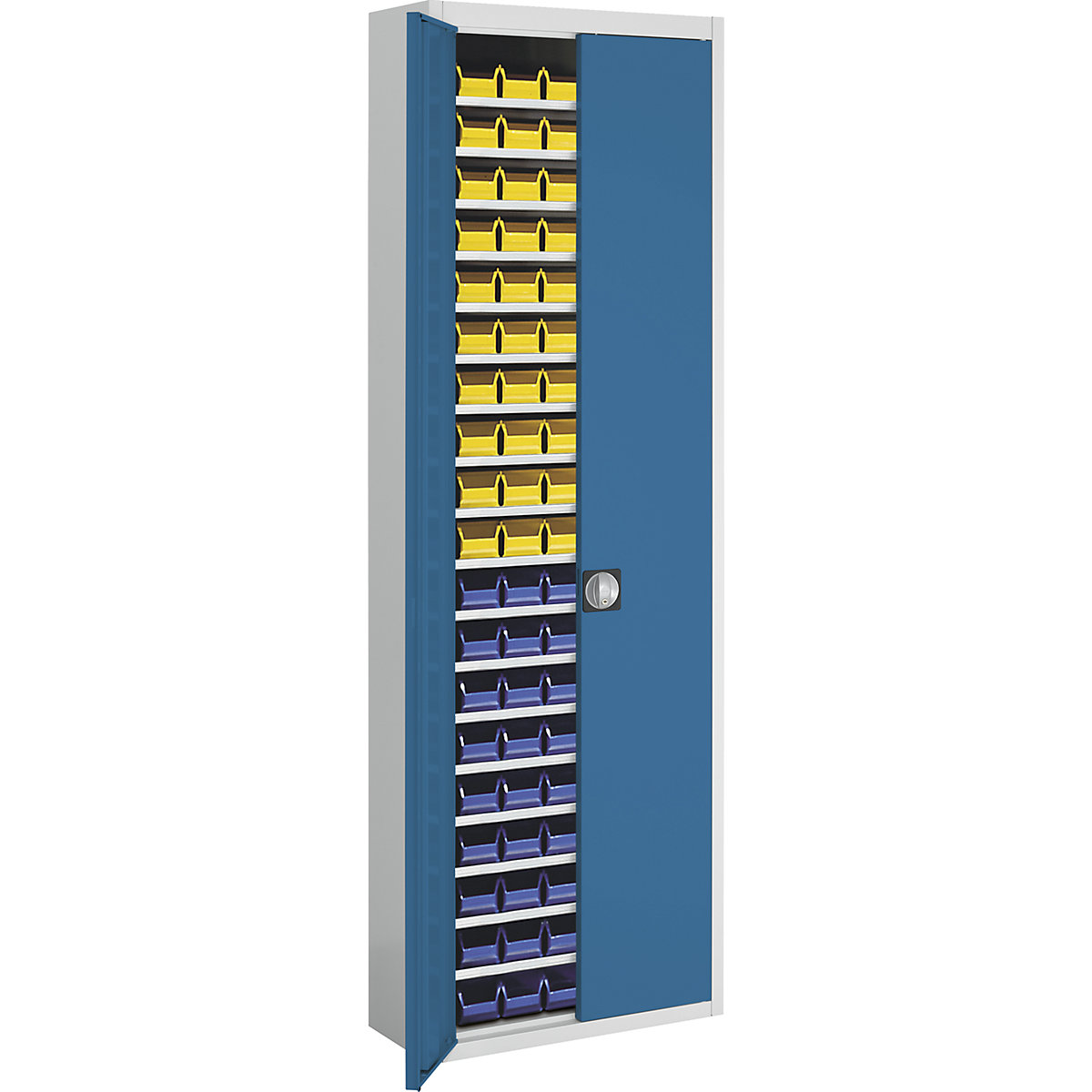 Armário de armazém com caixas de armazenagem à vista – mauser, AxLxP 2150 x 680 x 280 mm, duas cores, corpo em cinzento, portas em vermelho, 114 caixas-11