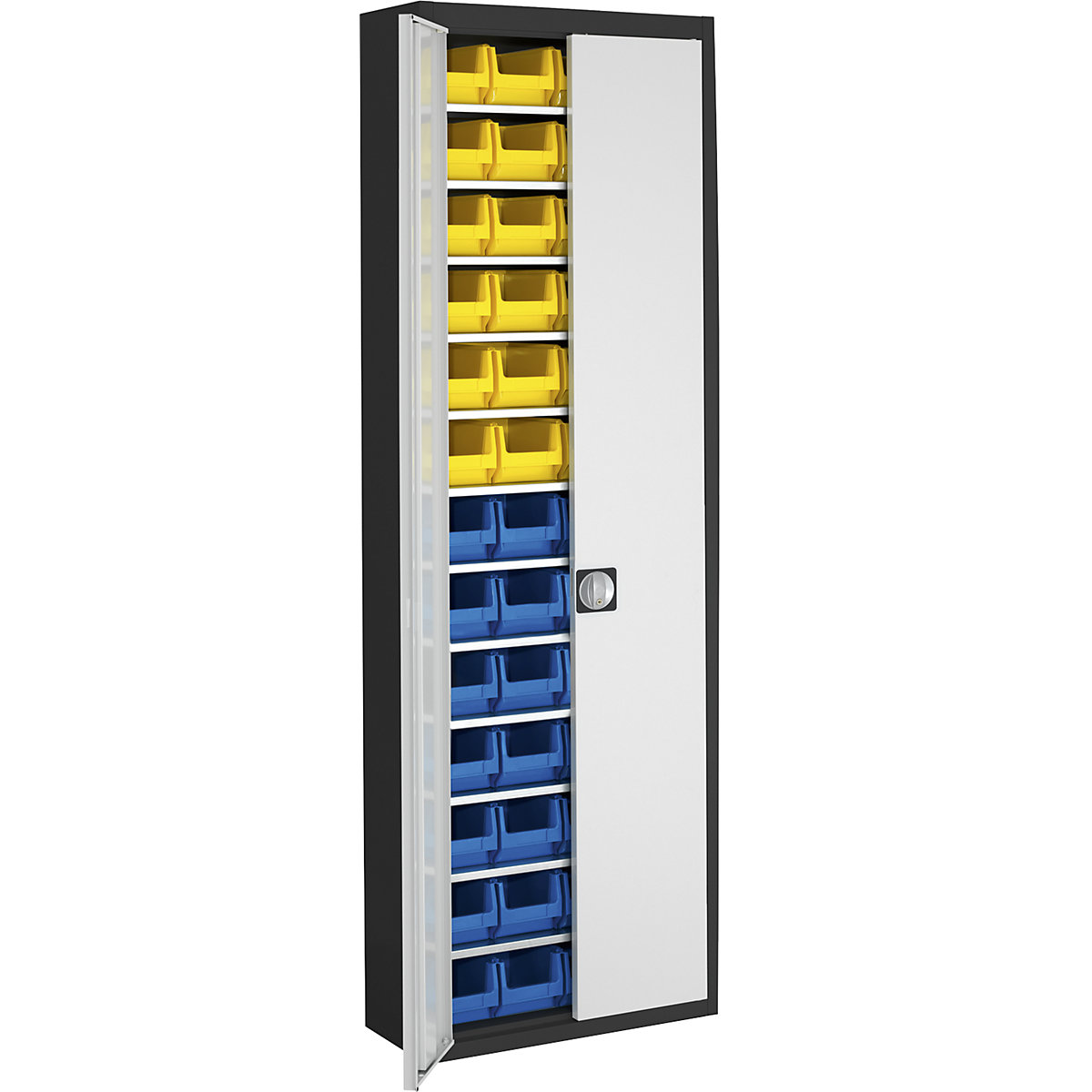 Armário de armazém com caixas de armazenagem à vista – mauser, AxLxP 2150 x 680 x 280 mm, duas cores, corpo em preto, portas em cinzento, 52 caixas-5