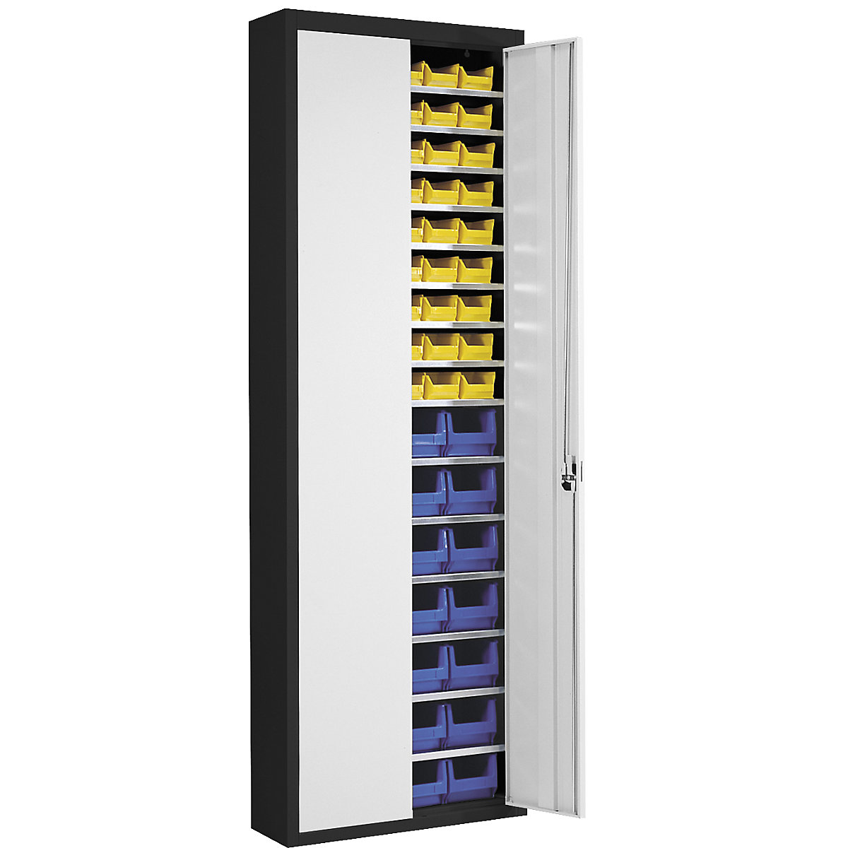 Armário de armazém com caixas de armazenagem à vista – mauser, AxLxP 2150 x 680 x 280 mm, duas cores, corpo em preto, portas em cinzento, 82 caixas-6