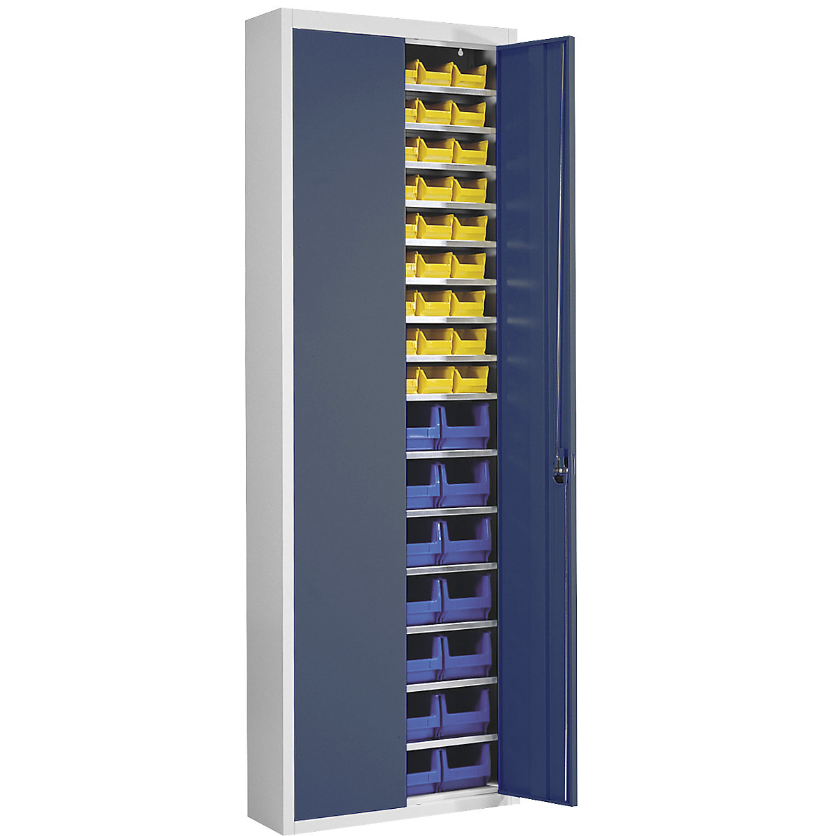 Armário de armazém com caixas de armazenagem à vista – mauser, AxLxP 2150 x 680 x 280 mm, duas cores, corpo em cinzento, portas em azul, 82 caixas-13