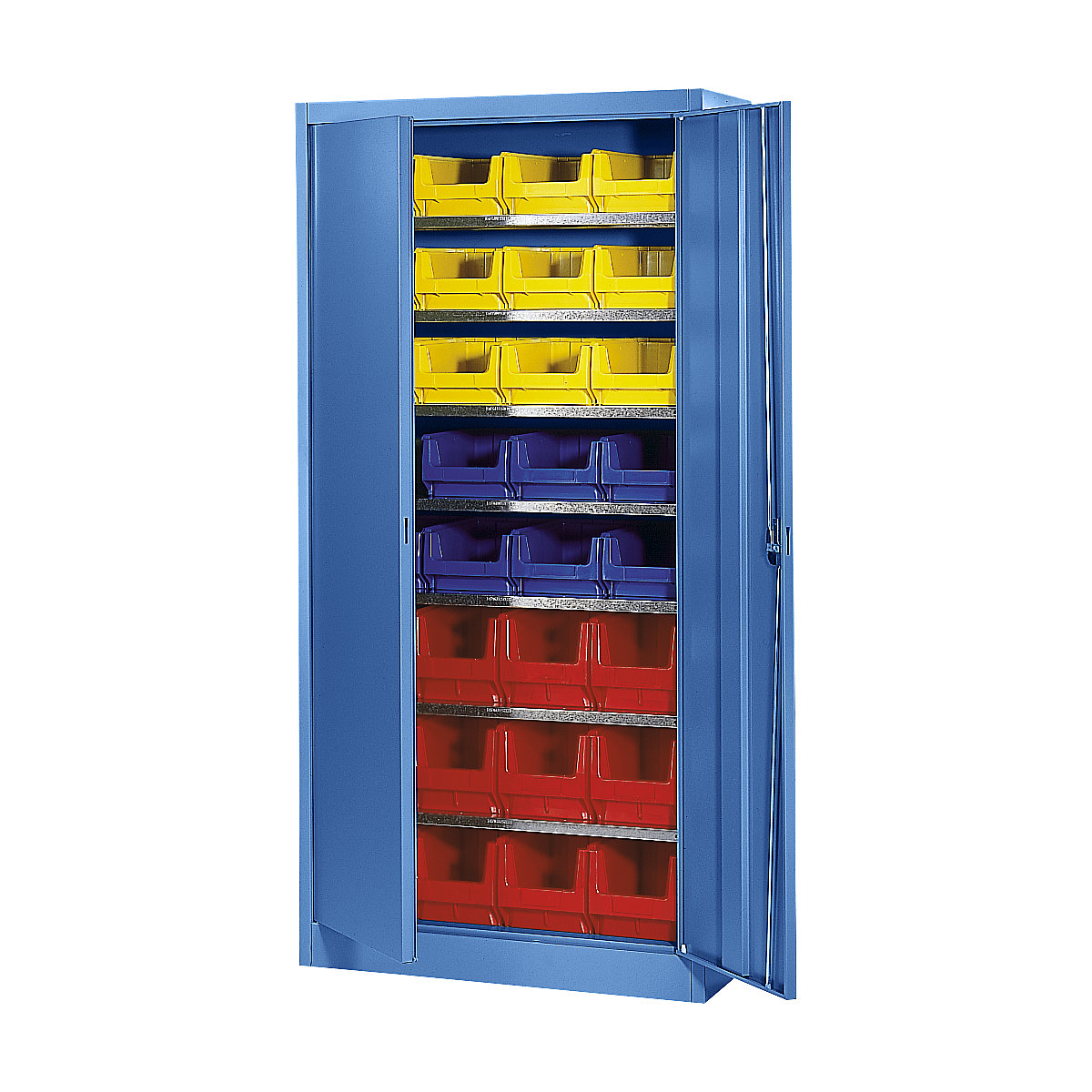 Armário de armazém, uma cor – mauser, com 32 caixas de armazenagem à vista, 7 prateleiras, azul-6