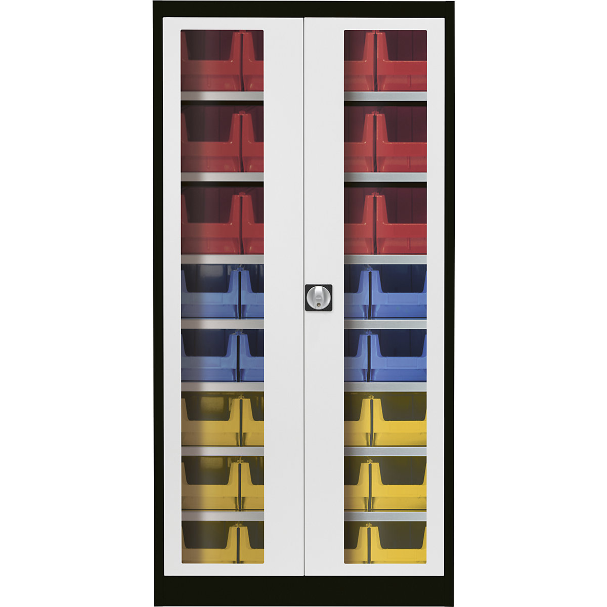 Armário de portas de batentes com janela de visualização – mauser, com 32 caixas de armazenagem à vista, preto grafite/cinzento claro-2