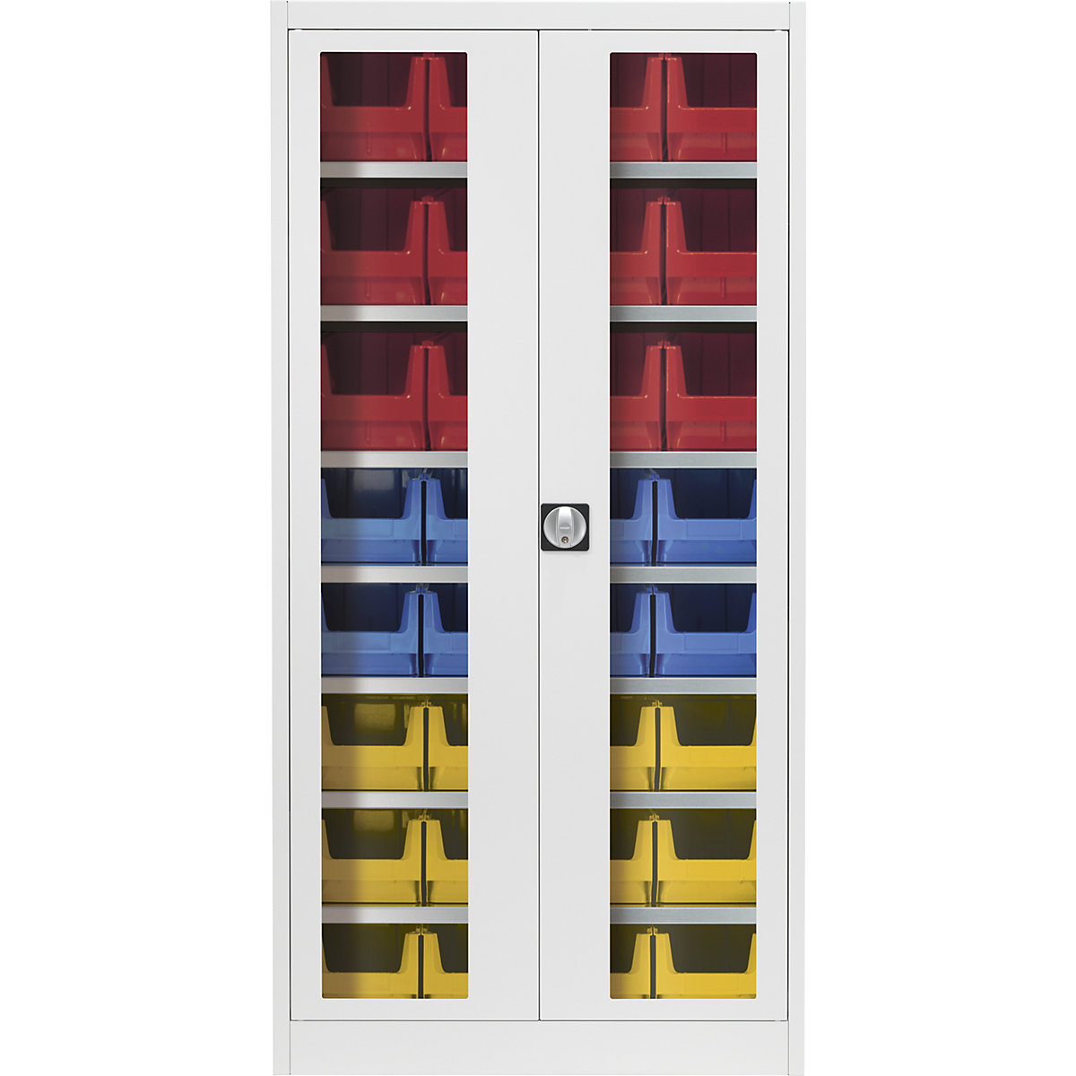 Armário de portas de batentes com janela de visualização – mauser, com 32 caixas de armazenagem à vista, cinzento claro-8