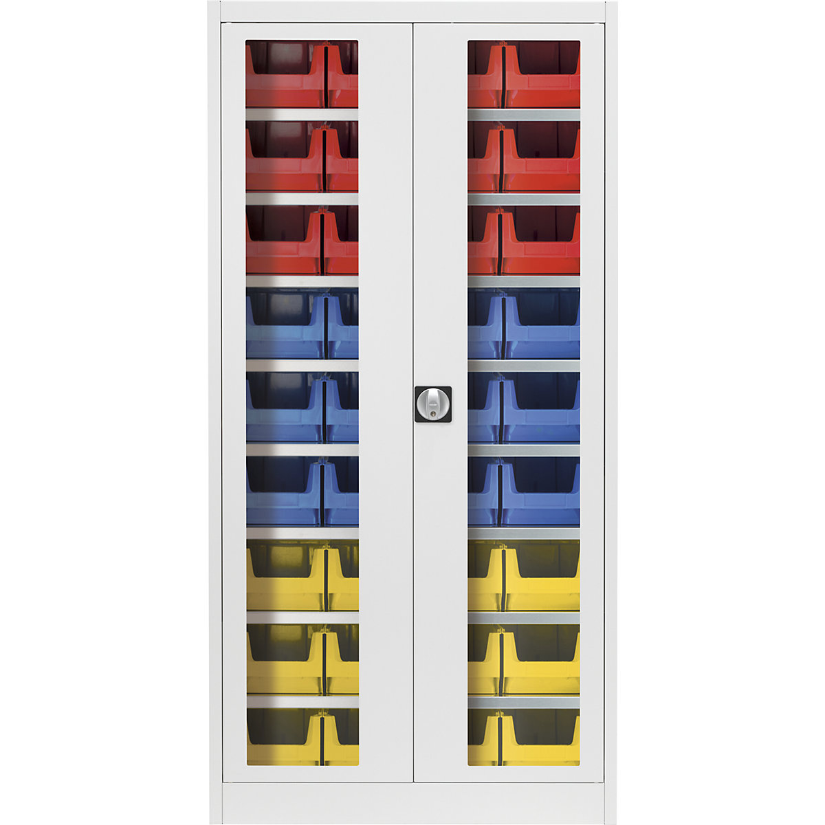 Armário de portas de batentes com janela de visualização – mauser, com 36 caixas de armazenagem à vista, cinzento claro-8