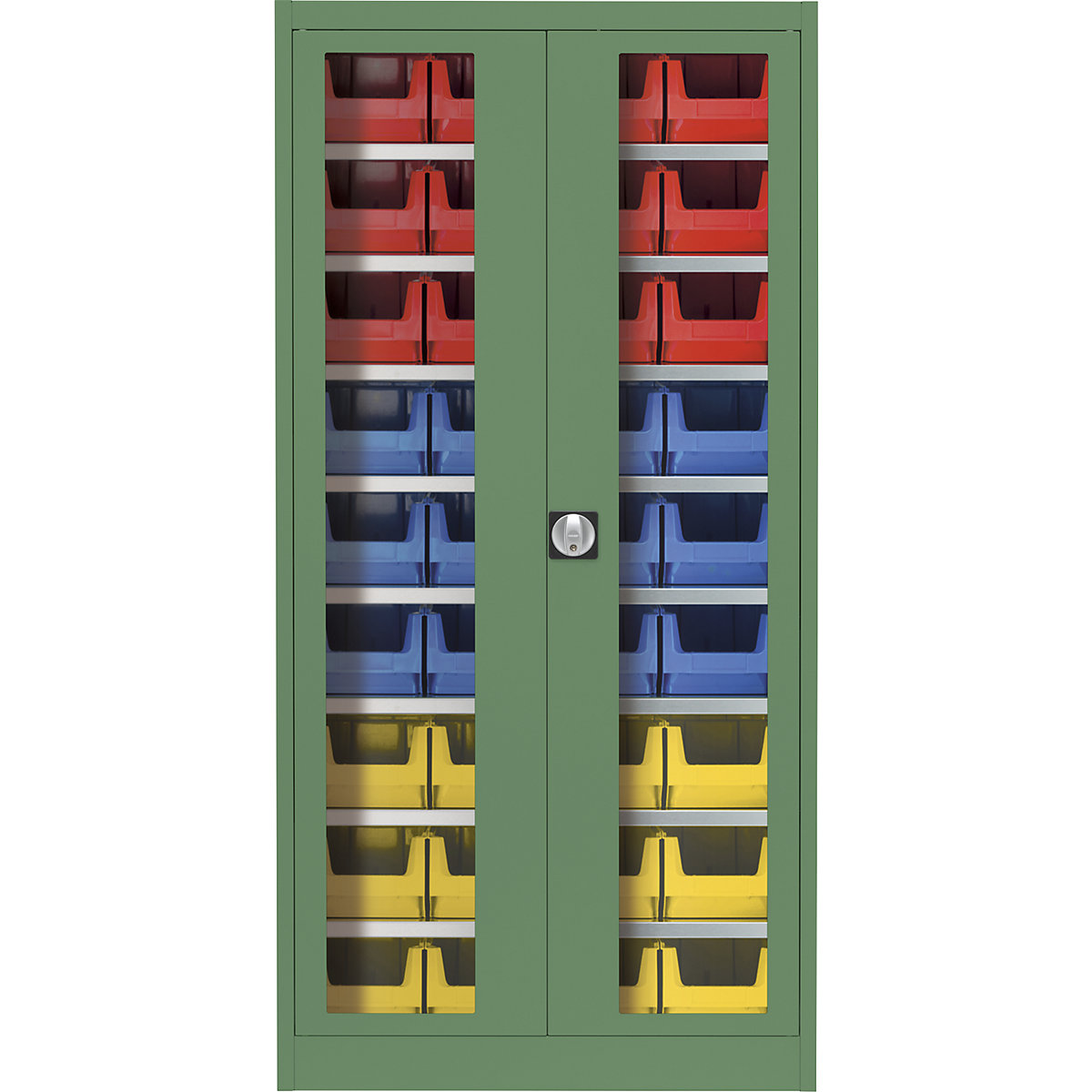 Armário de portas de batentes com janela de visualização – mauser, com 36 caixas de armazenagem à vista, verde reseda-3