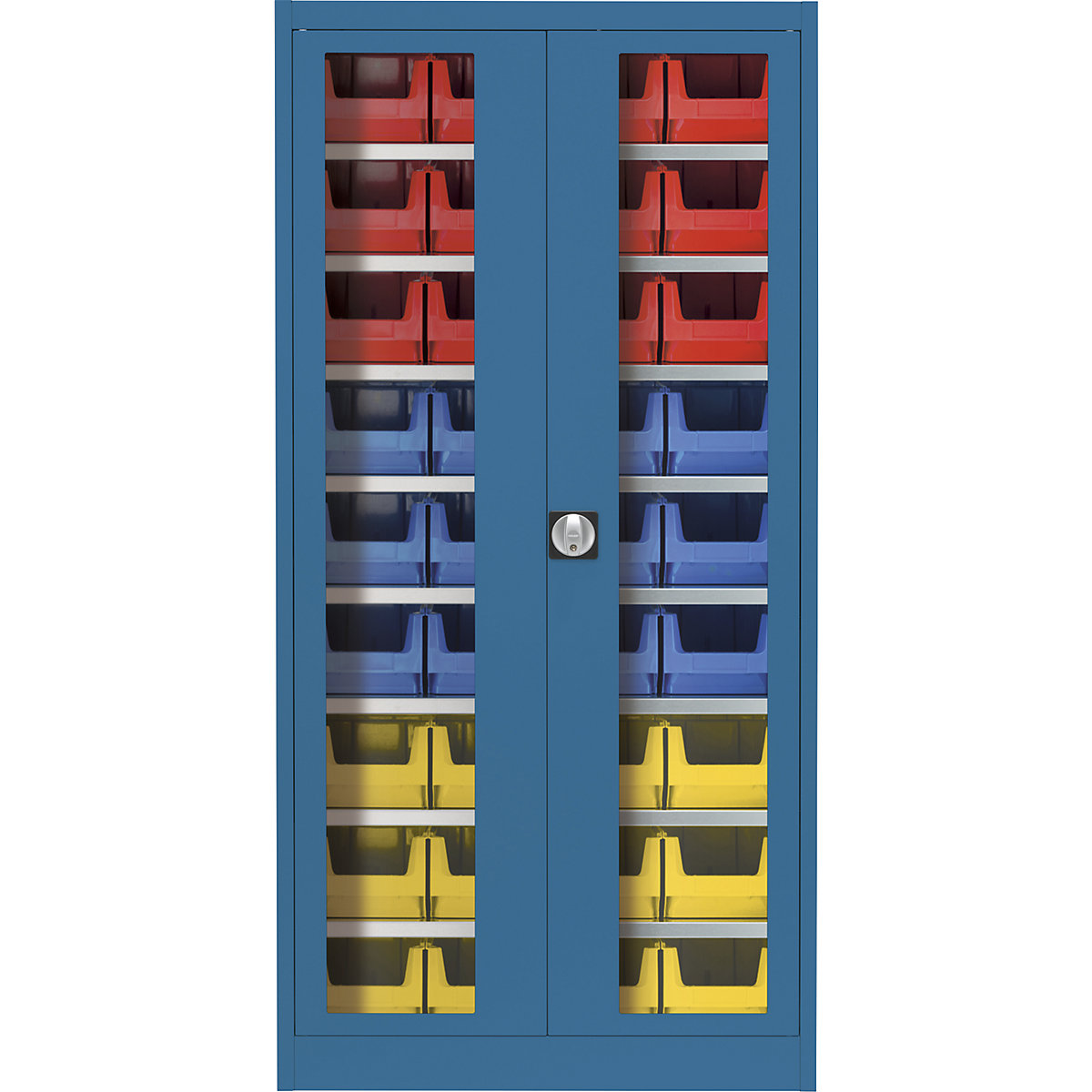 Armário de portas de batentes com janela de visualização – mauser, com 36 caixas de armazenagem à vista, azul brilhante-6