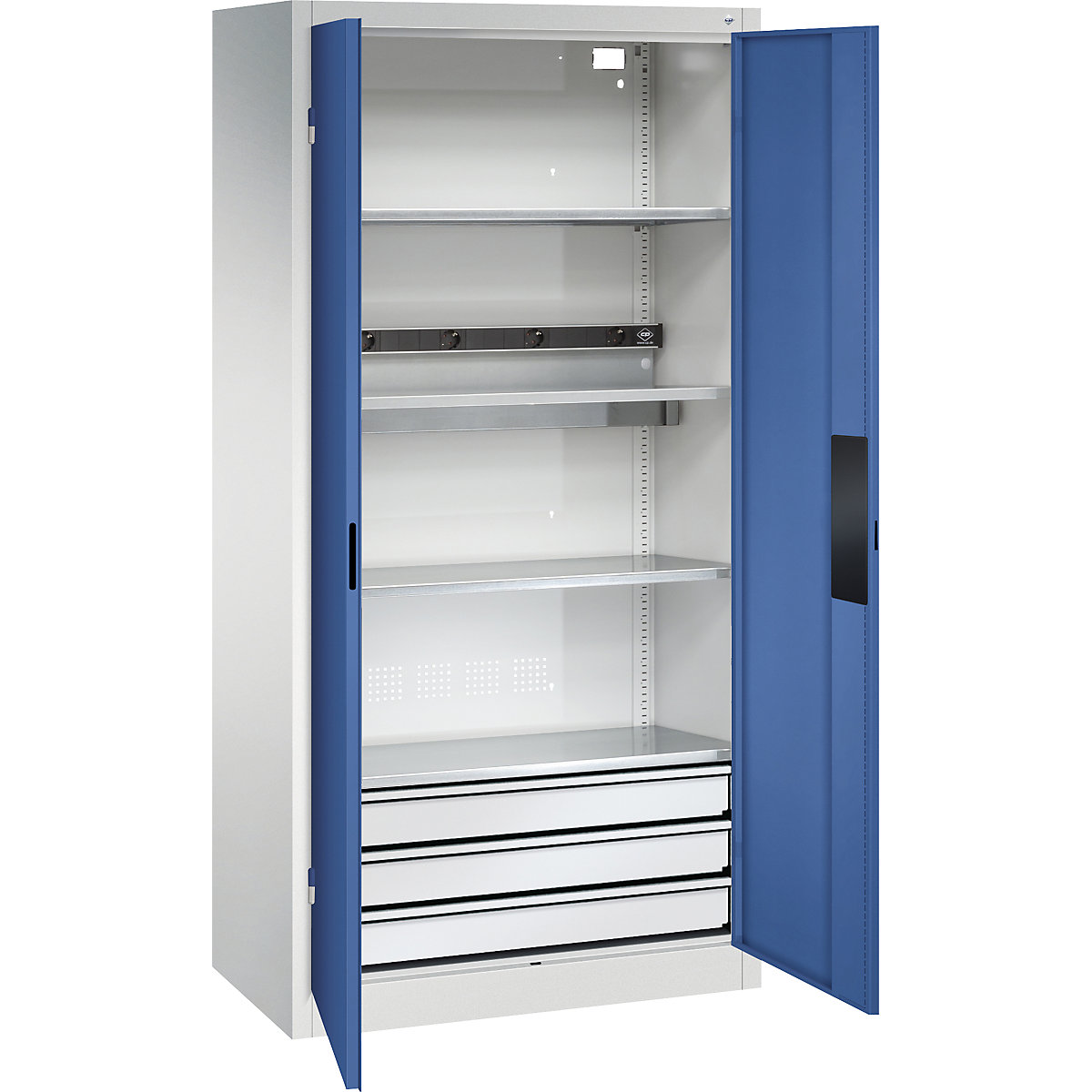 Armário de carregamento BASIC – C+P, portas de chapa maciça, 3 gavetas, cinzento claro/azul genciana-10