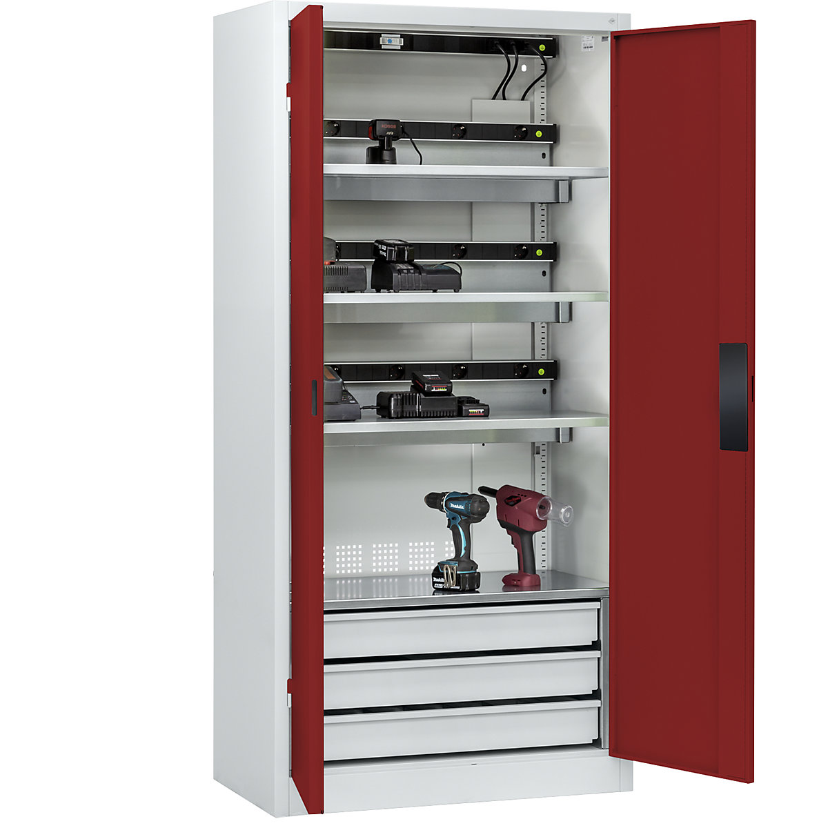 Armário de carregamento de baterias COMFORT – C+P, com portas de chapa maciça, 3 gavetas, cinzento claro/vermelho rubi-5
