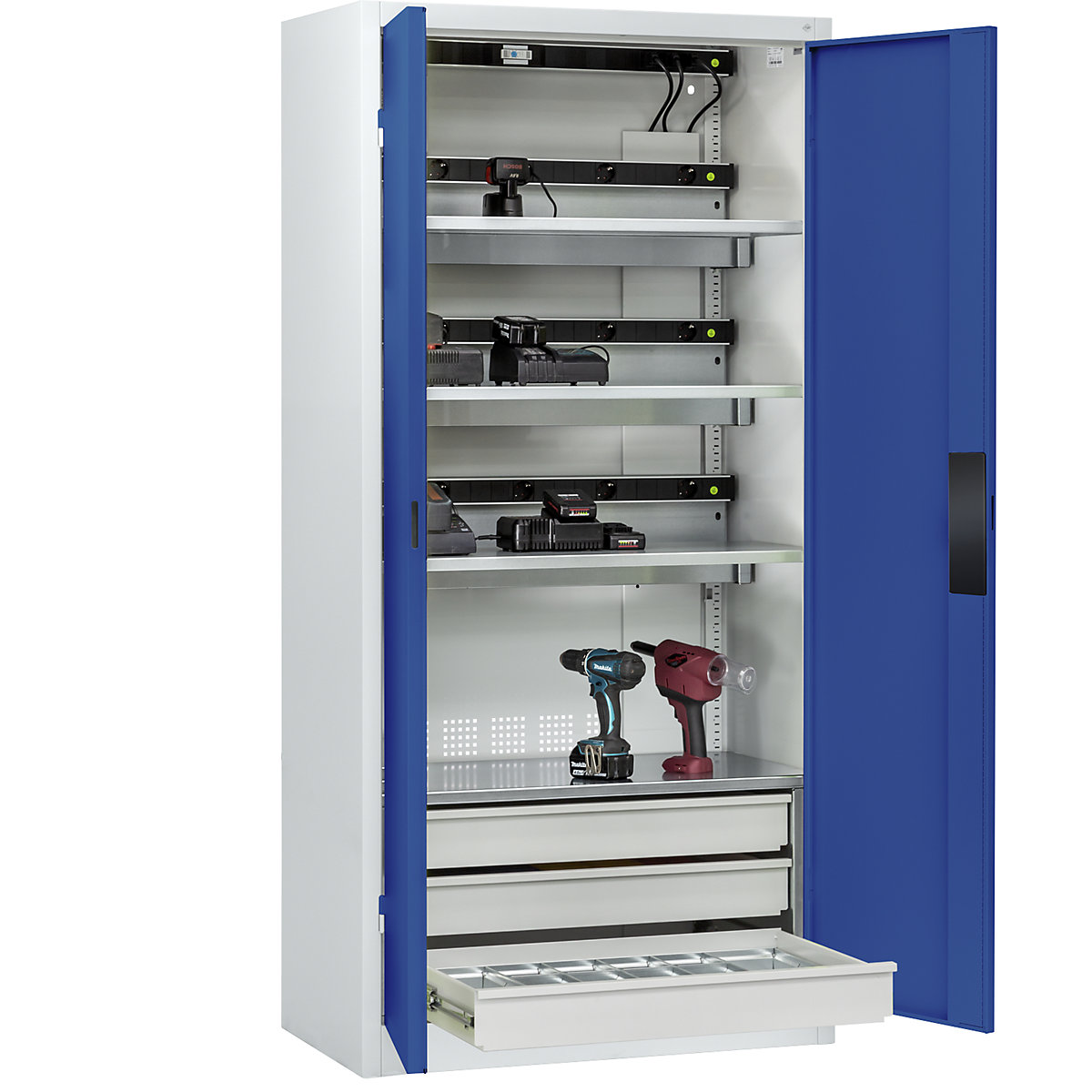 Armário de carregamento de baterias COMFORT – C+P, com portas de chapa maciça, 3 gavetas, cinzento claro/azul genciana-6