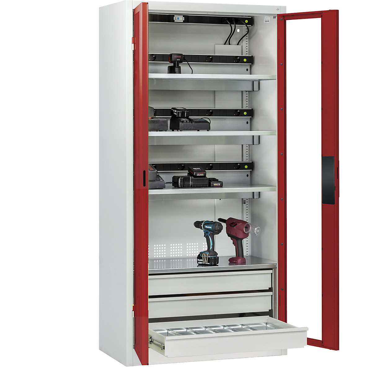 Armário de carregamento de baterias COMFORT – C+P, com portas com janelas de visualização, 3 gavetas, cinzento claro/vermelho rubi-7