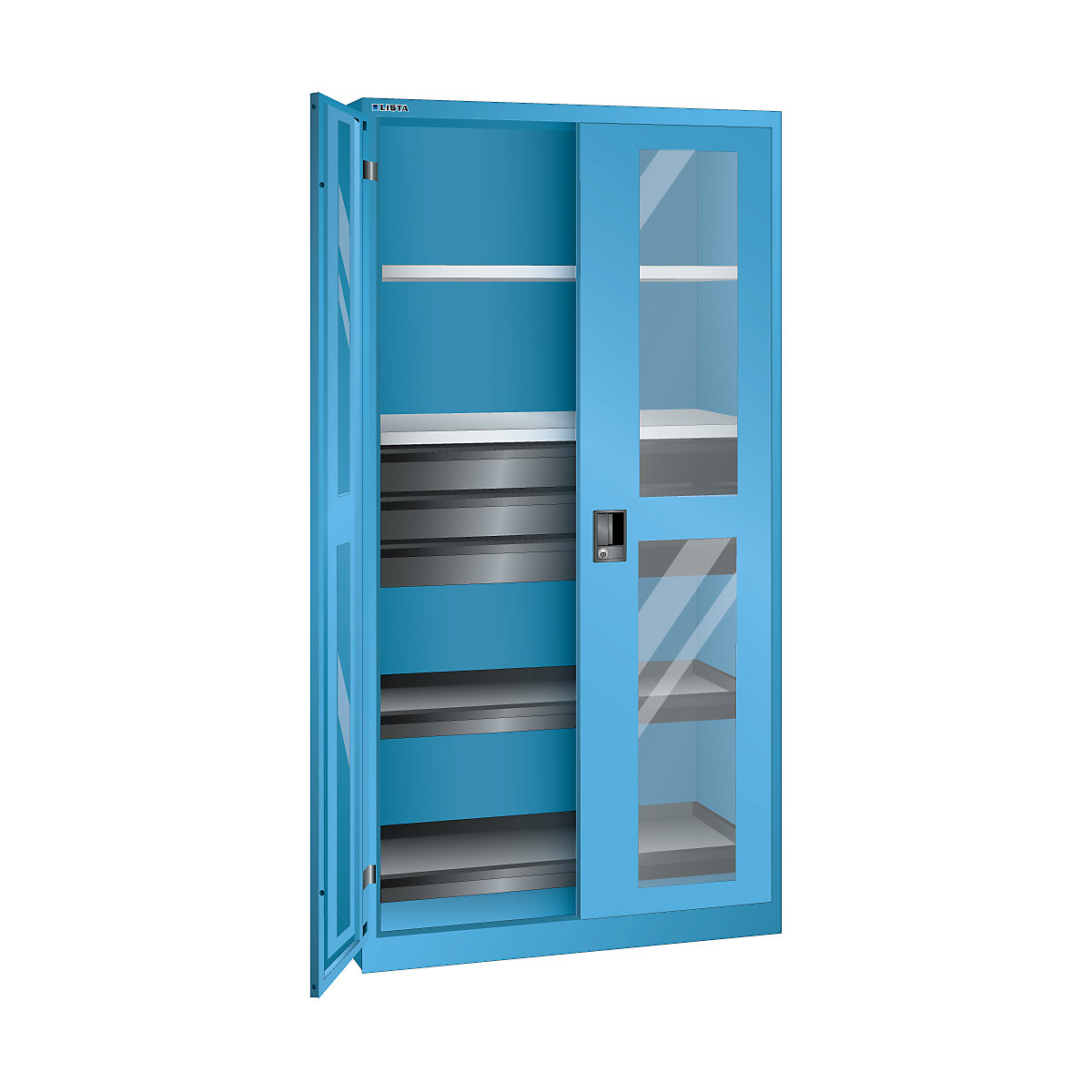 Armário com janelas de visualização, AxLxP 1950 x 1000 x 580 mm – LISTA, com 2 prateleiras, 2 prateleiras extraíveis e 3 gavetas, azul claro-8
