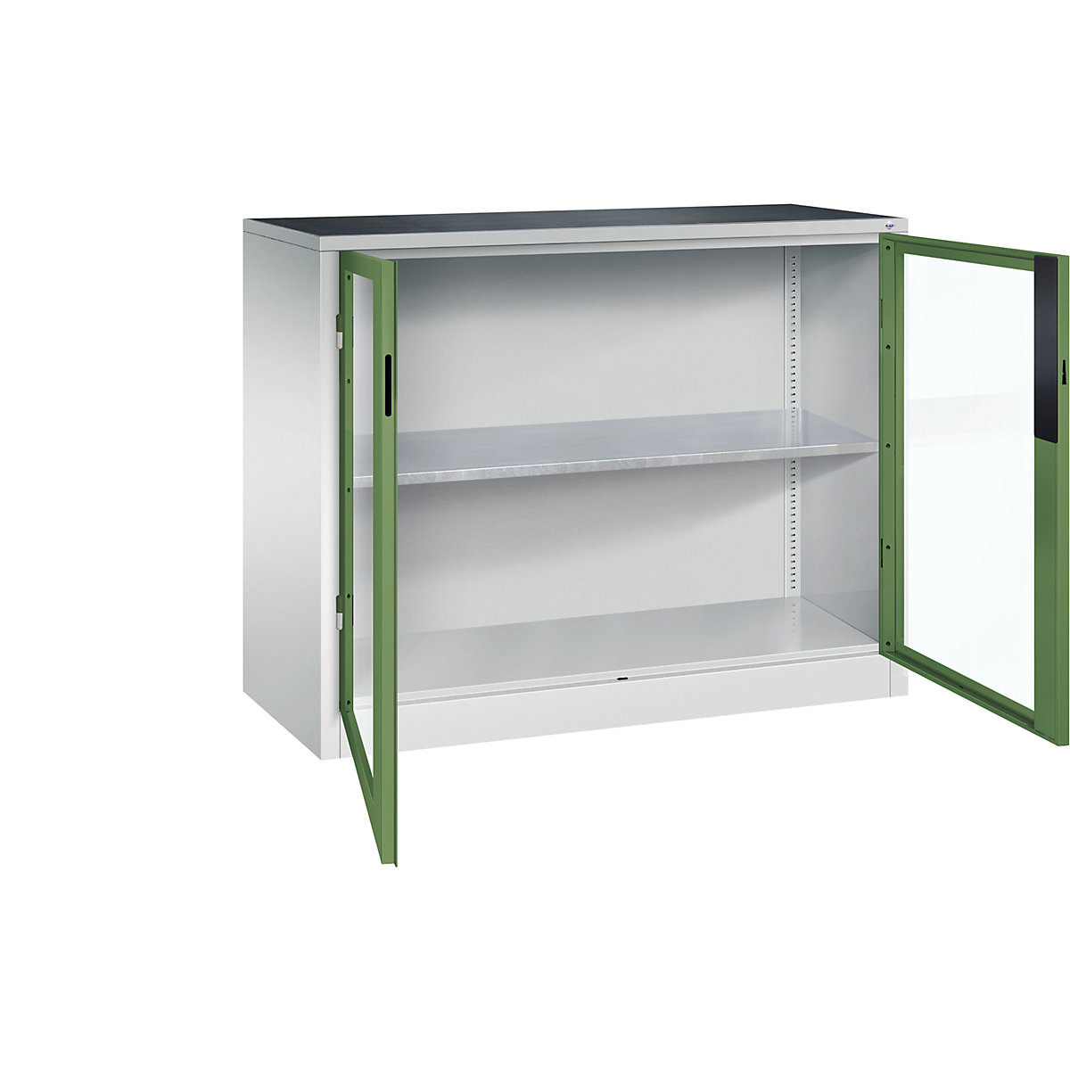 Armário com portas de batente e janela de visualização – C+P, AxLxP 1000 x 1200 x 500 mm, 1 prateleira, cinzento claro/verde reseda-9