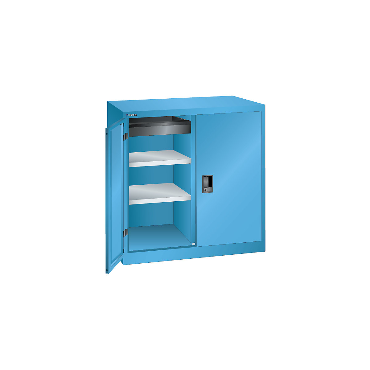 Armário de portas de batentes, 2 prateleiras – LISTA, largura 1000 mm, 1 gaveta, azul claro-8