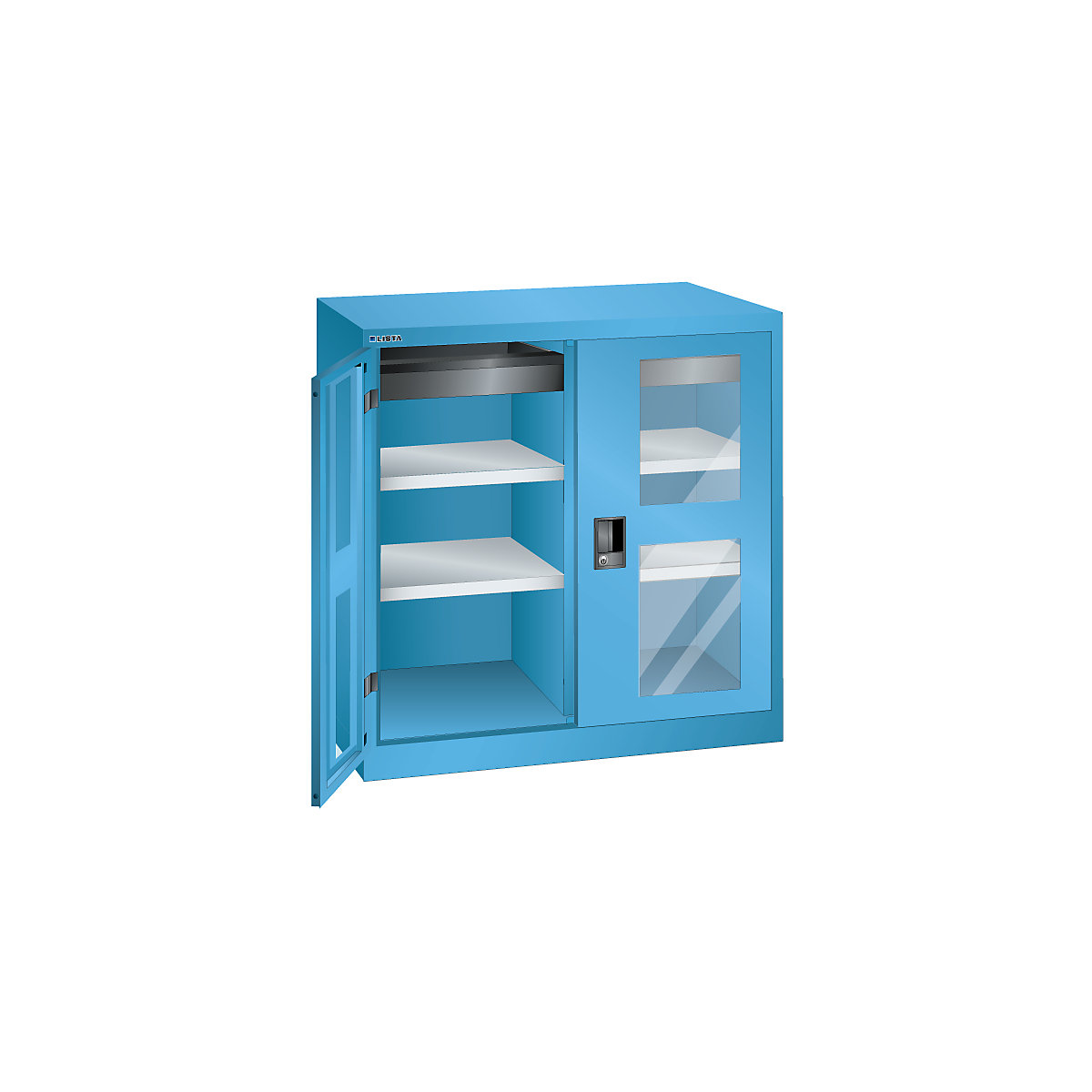 Armário de portas de batentes, 2 prateleiras – LISTA, largura 1000 mm, com janela de visualização, 1 gaveta, azul claro-8