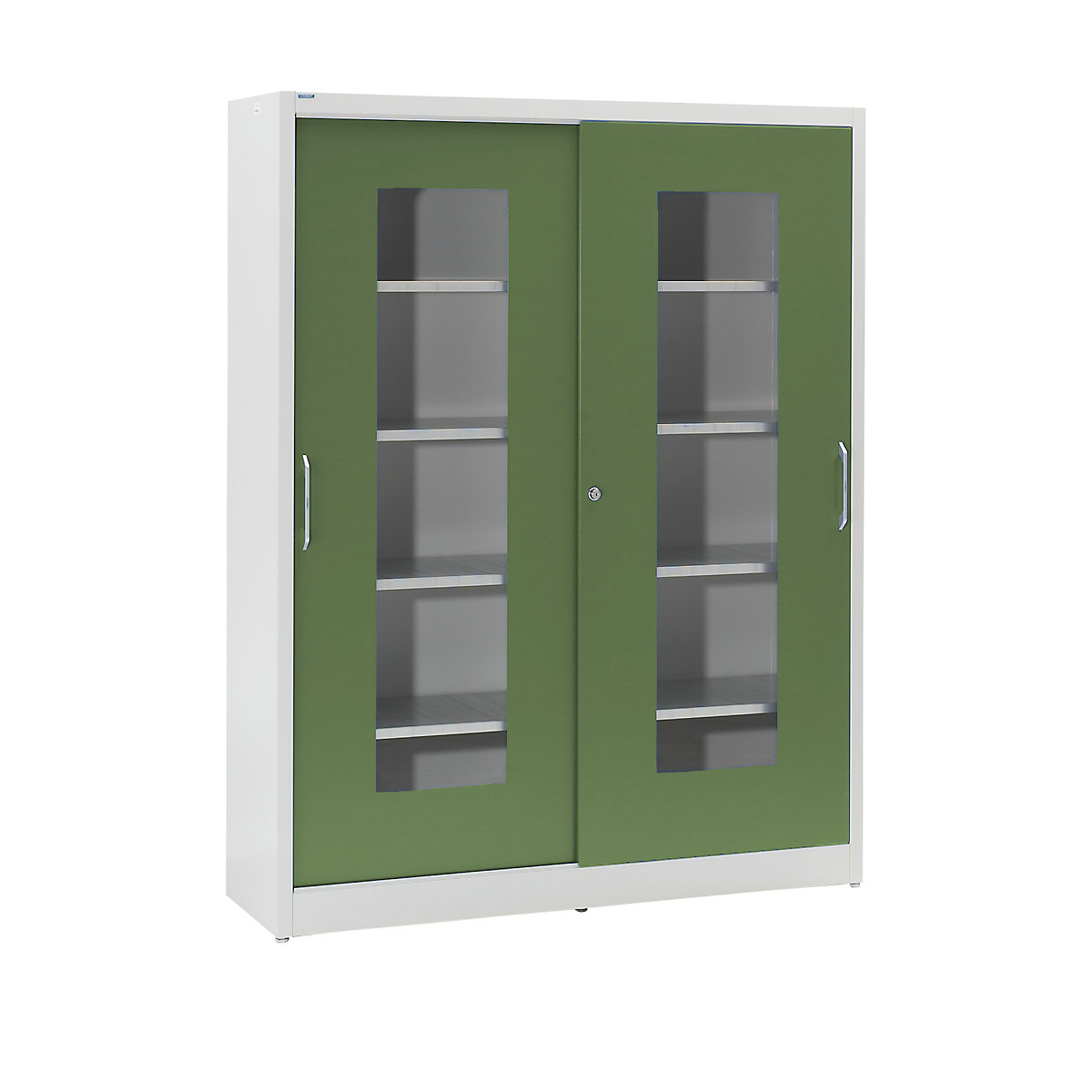 Armário de portas de correr com janela de visualização – mauser, com 2 x 4 prateleiras, AxL 1950 x 1500 mm, profundidade 600 mm, cor da porta verde reseda-5