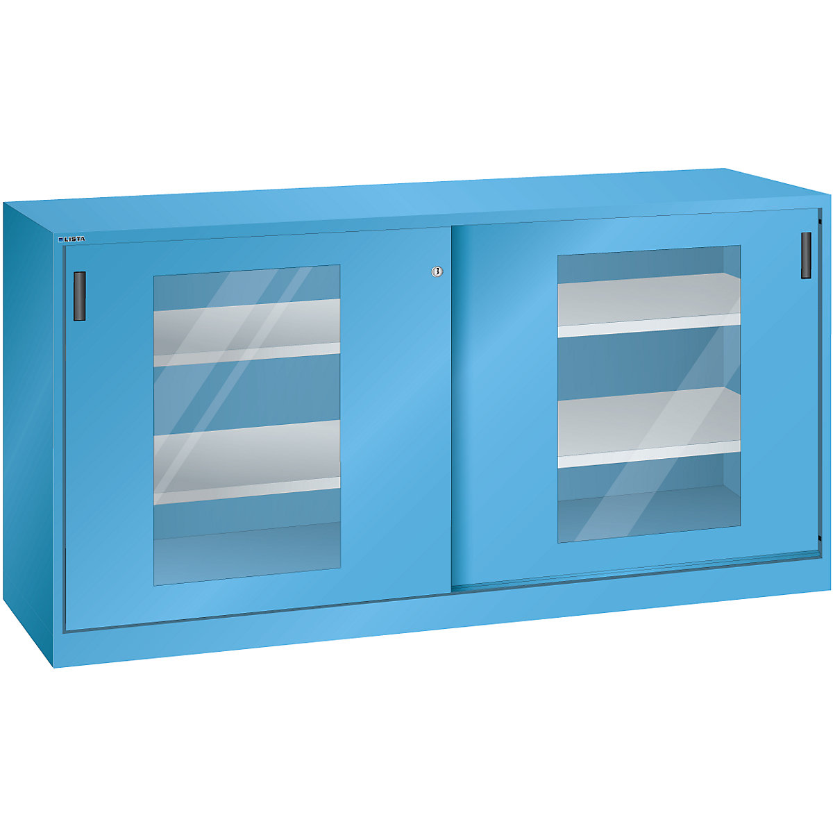 Armário de portas de correr com janelas de visualização – LISTA, 4 prateleiras, azul claro-8