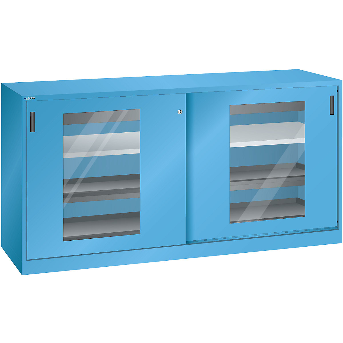 Armário de portas de correr com janelas de visualização – LISTA, 2 prateleiras, 4 prateleiras extraíveis, 2 gavetas, azul claro-8