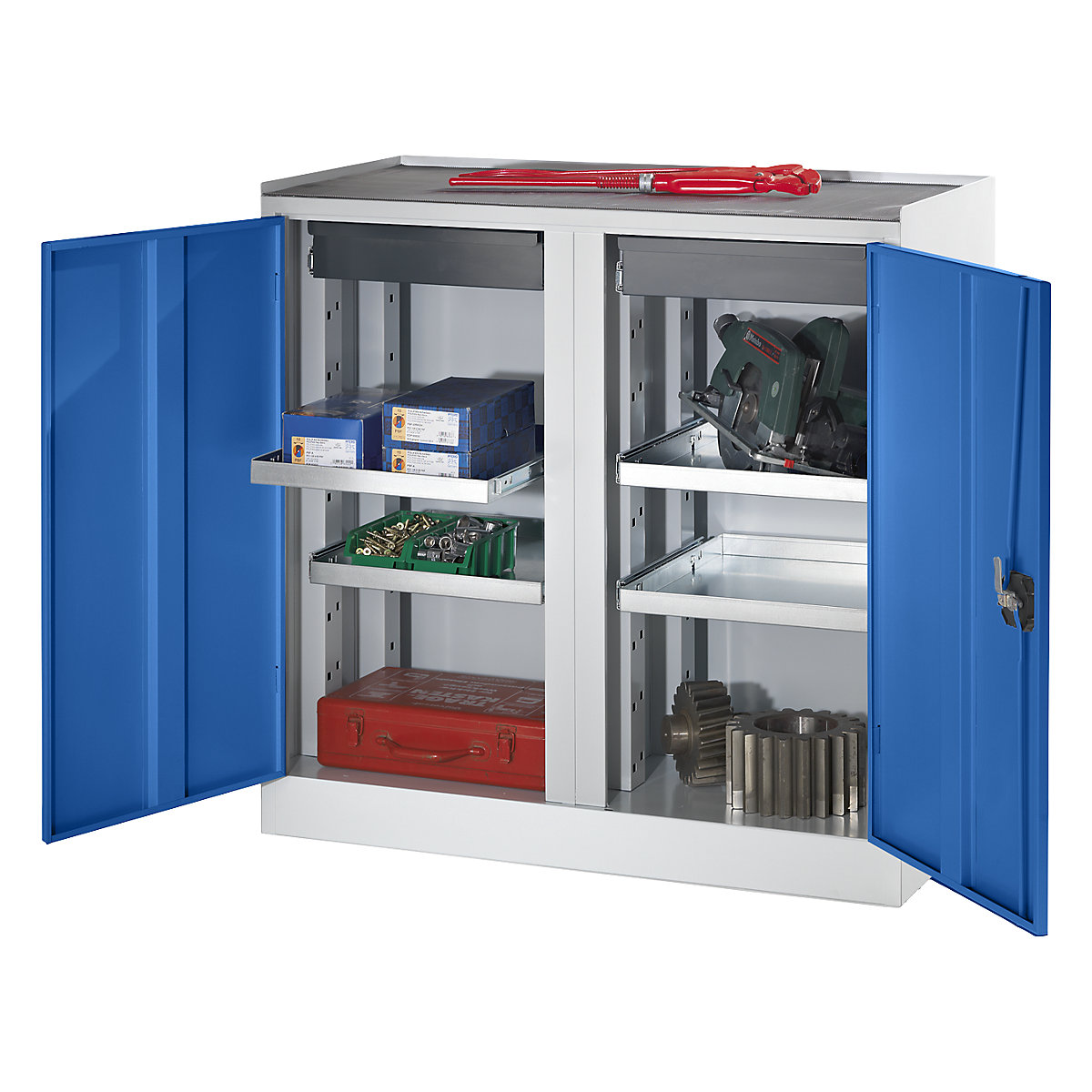 Armário para ferramentas e armário auxiliar – eurokraft pro, 2 gavetas, 4 prateleiras, 1 parede separadora central, portas em azul genciana-3