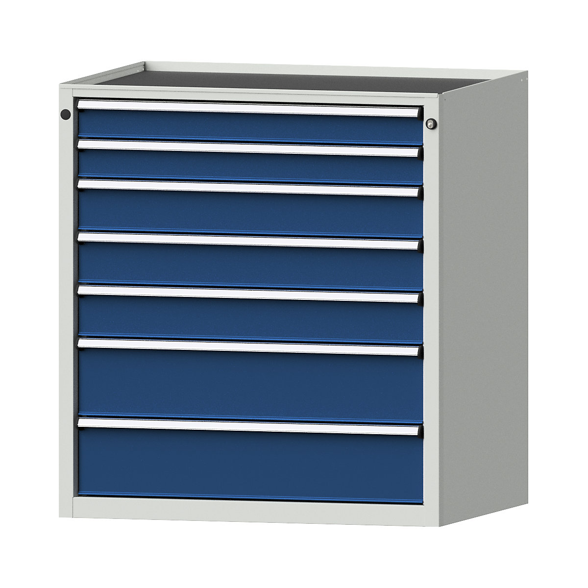 Armário de gavetas – ANKE, LxP 910 x 675 mm, capacidade de carga por gaveta 200 kg, 7 gavetas, altura 980 mm, frente azul genciana