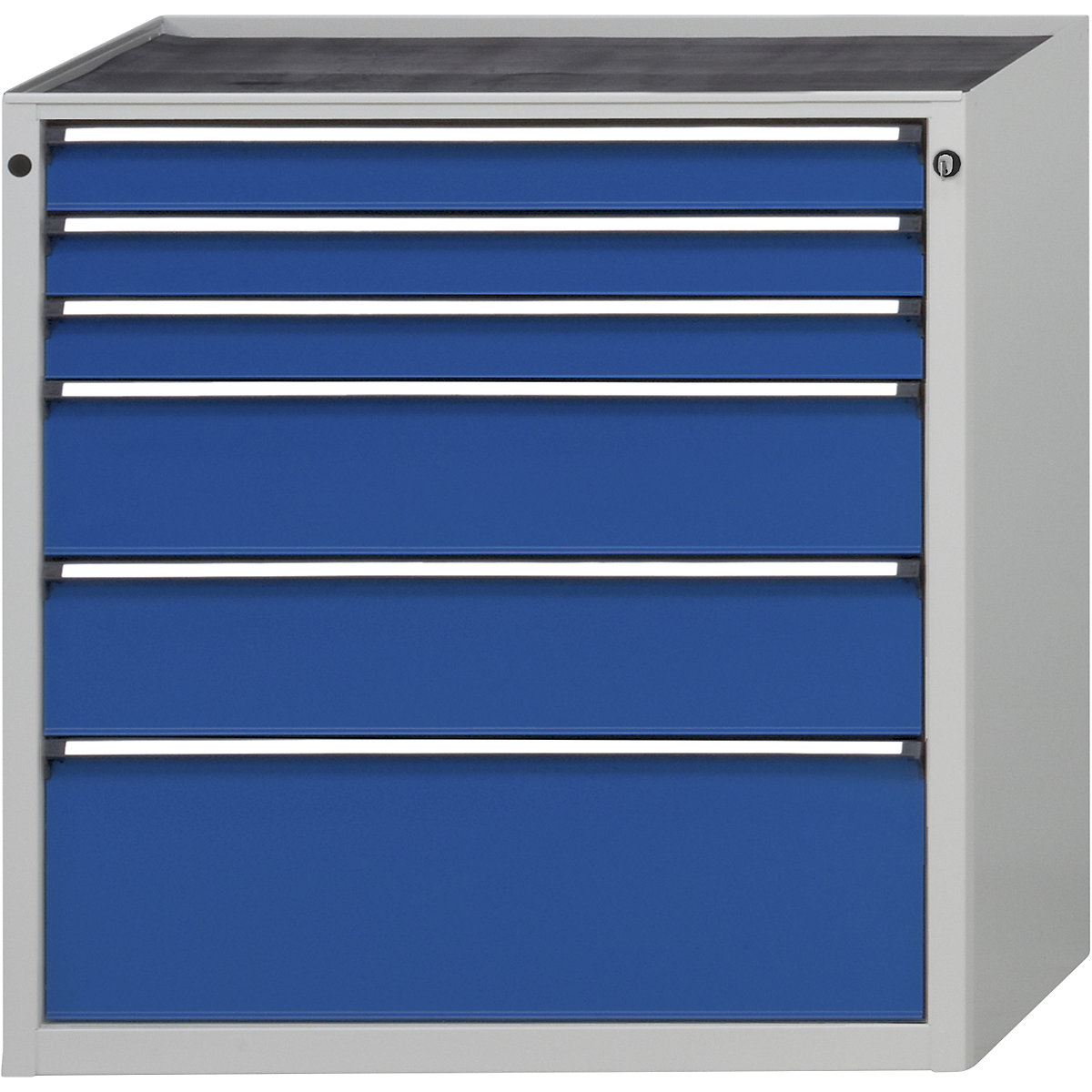 Armário de gavetas sem tampo – ANKE, largura 910 mm, 6 gavetas, frente azul genciana