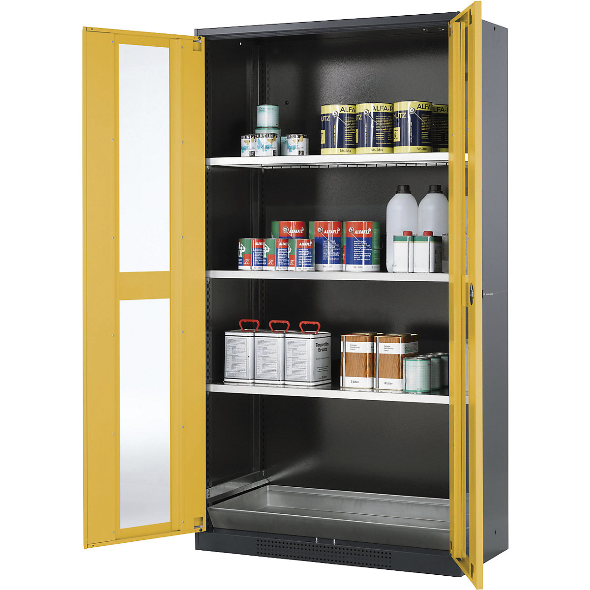 Armário de produtos químicos para laboratório – asecos, 2 portas, toda a altura, 3 prateleiras, com janela de visualização, amarelo-3