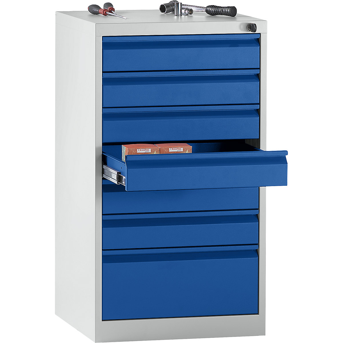 Cassettiera, acciaio – eurokraft basic, alt. x largh. x prof. 900 x 500 x 500 mm, 7 cassetti, cassetti colore blu genziana-9