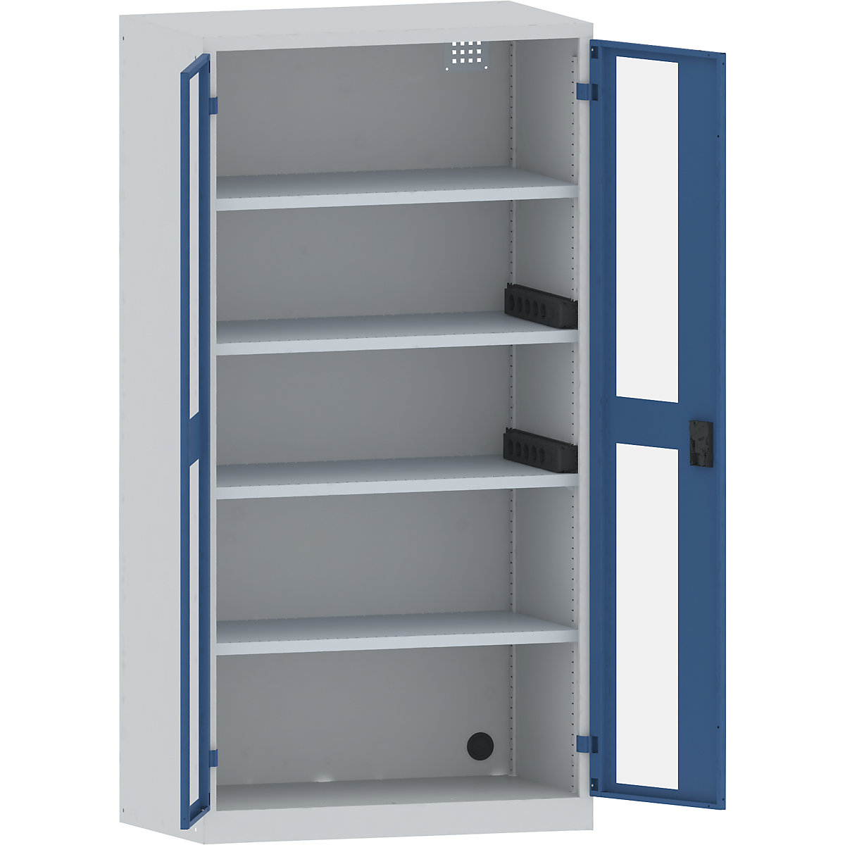 LISTA – Armario cargador de baterías, 4 baldas, puertas con ventanilla, 2 regletas de enchufes laterales, gris / azul