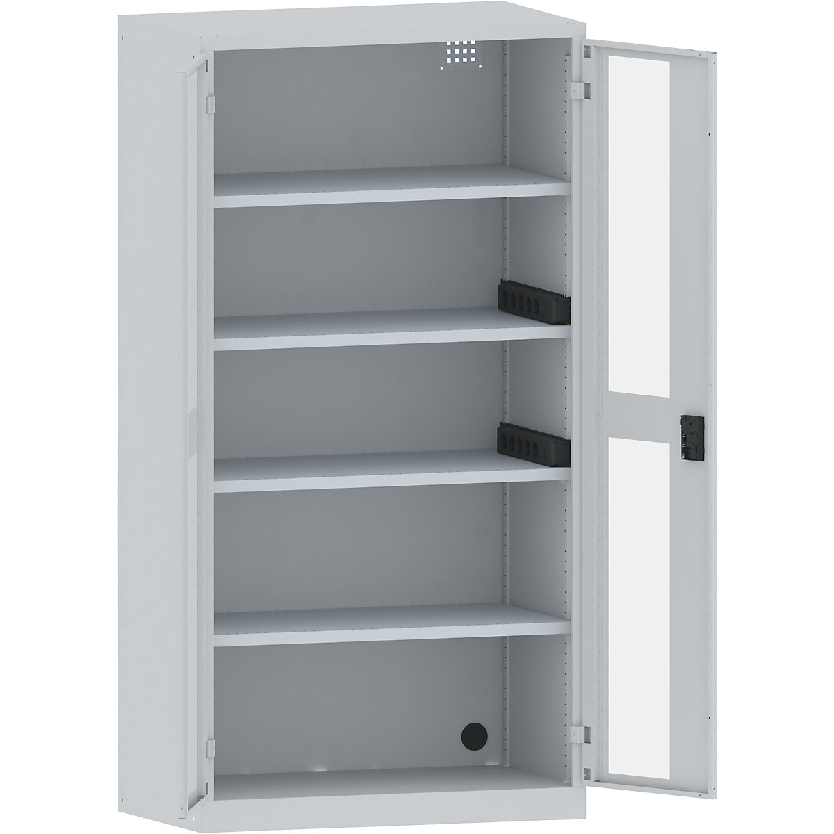 LISTA – Armario cargador de baterías, 4 baldas, puertas con ventanilla, 2 regletas de enchufes laterales, gris