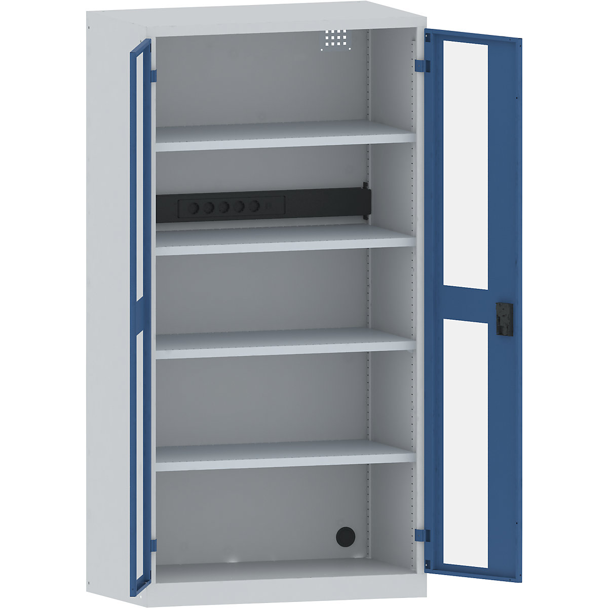 LISTA – Armario cargador de baterías, 4 baldas, puertas con ventanilla, regleta de enchufes detrás, gris / azul