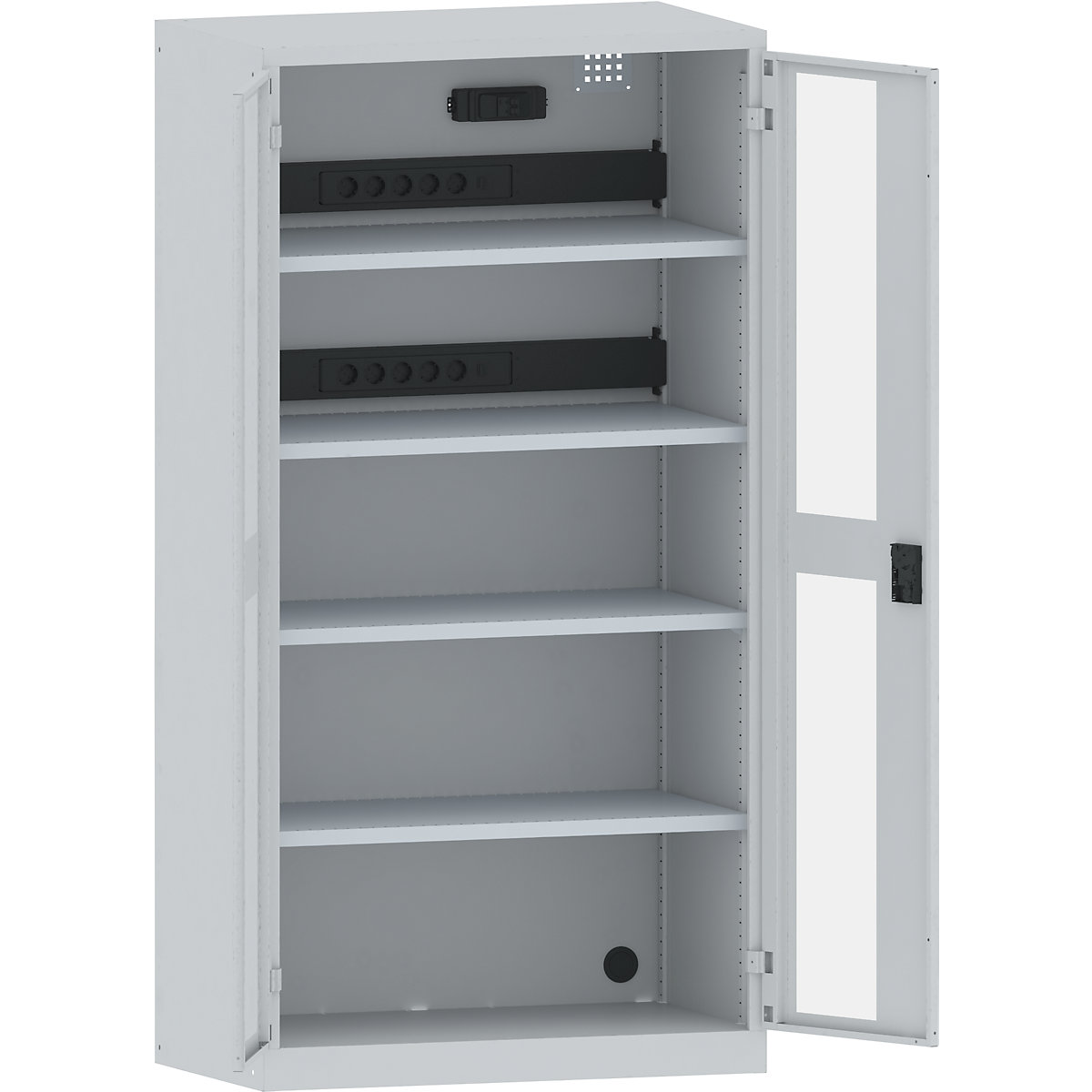 LISTA – Armario cargador de baterías, 4 baldas, puertas con ventanilla, 2 regletas de enchufes detrás con interruptor FI/LS, gris