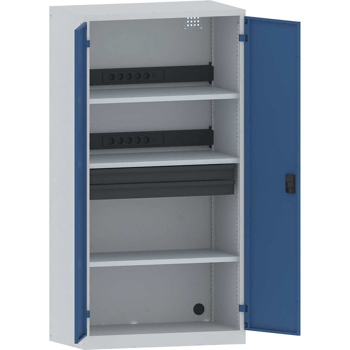 LISTA – Armario cargador de baterías, 3 baldas, 2 cajones, puertas de chapa maciza, gris / azul