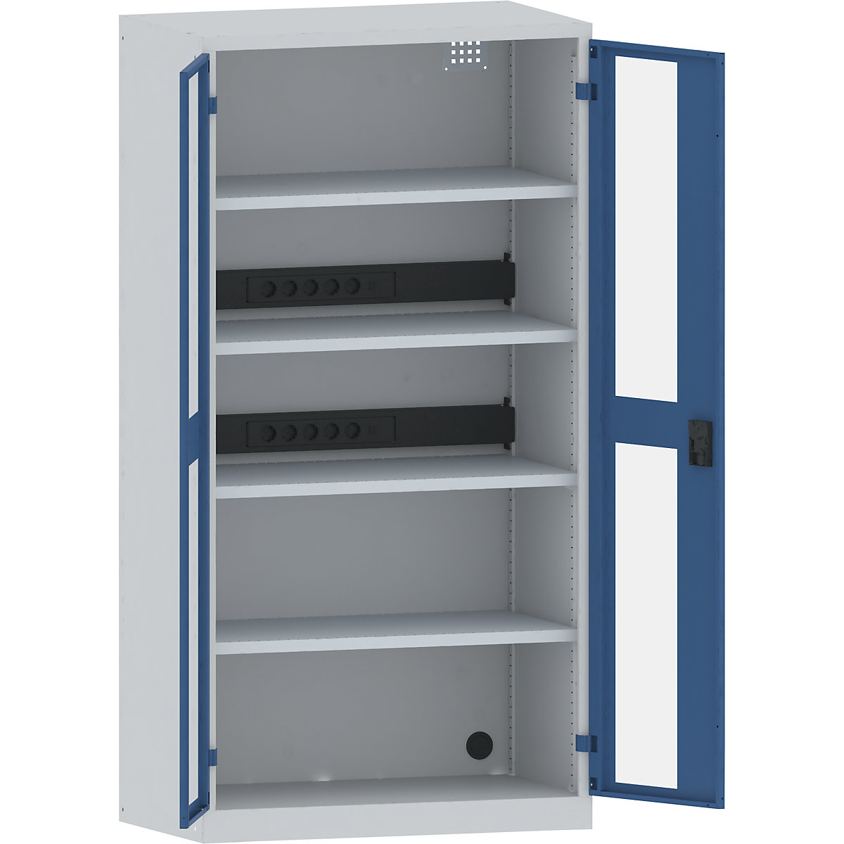 LISTA – Armario cargador de baterías, 4 baldas, puertas con ventanilla, 2 regletas de enchufes detrás, gris / azul